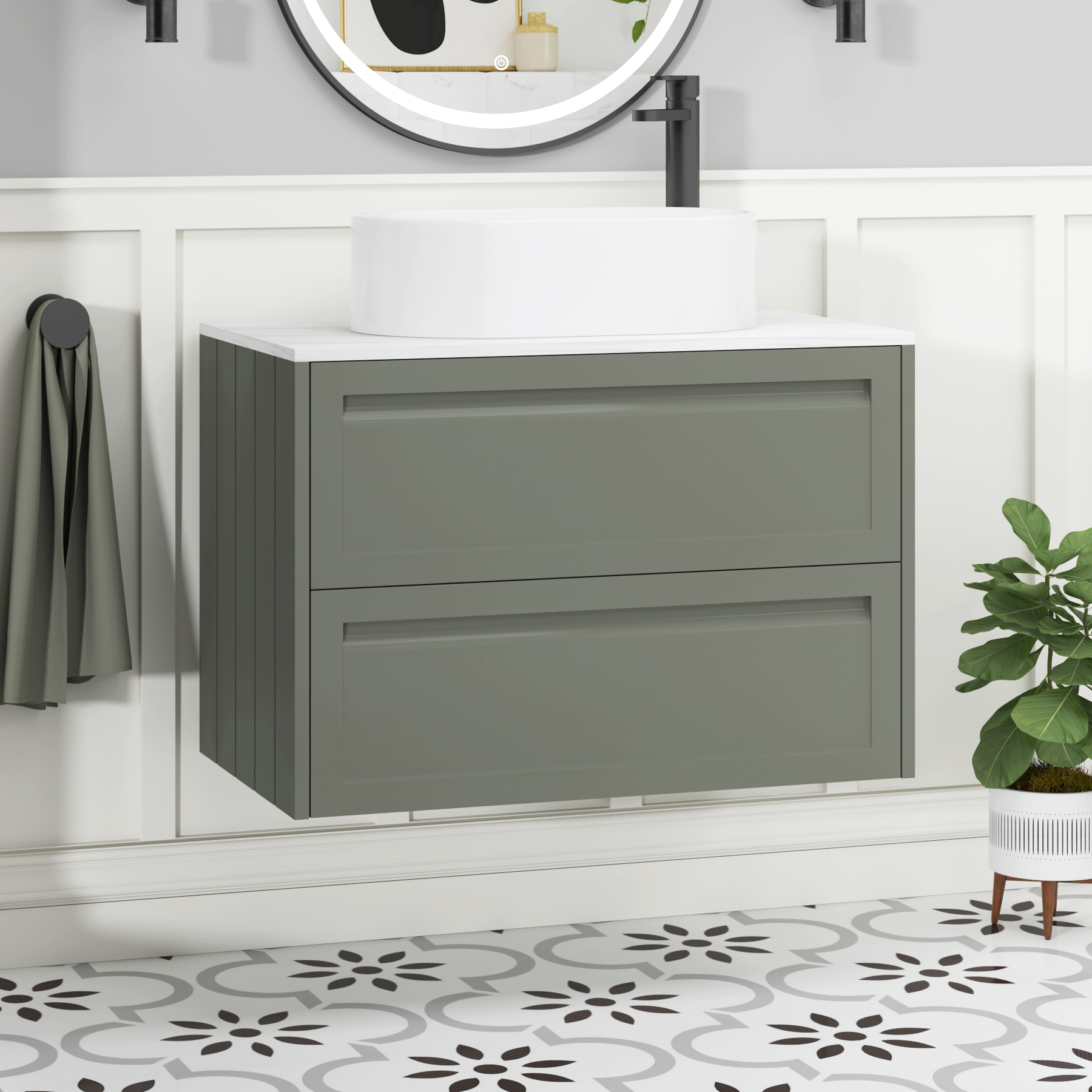 Elmore Matt Green 2 Drawer Wall Hung Vanity Unit with Carrara White Worktop & Various Countertop Basins
