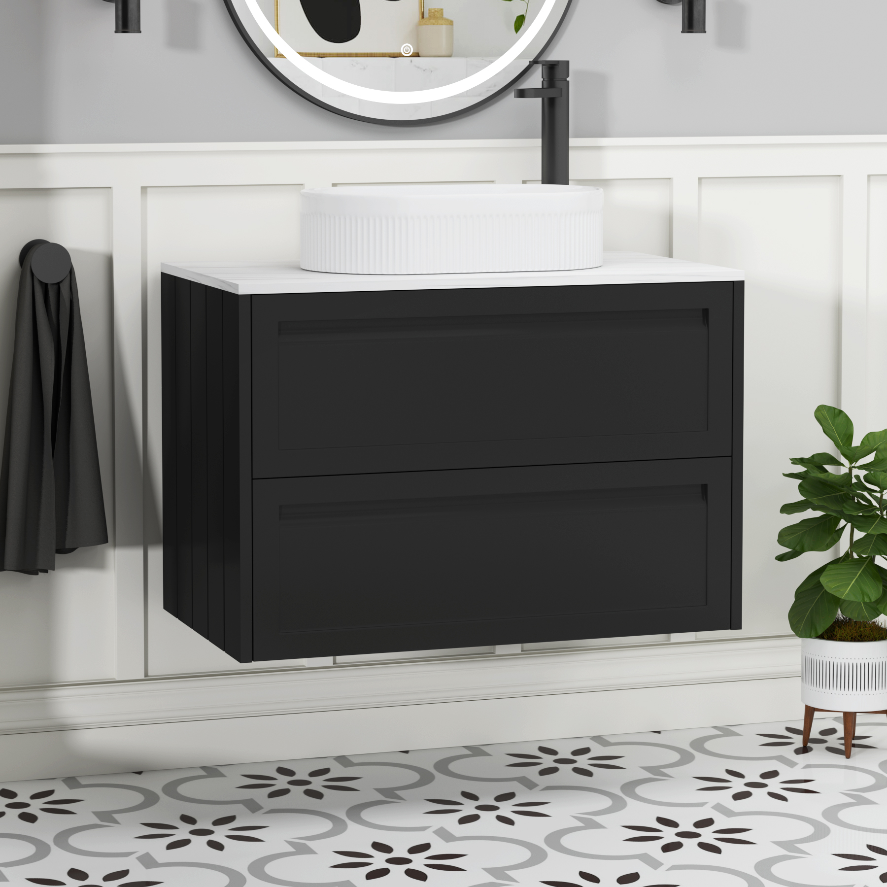 Elmore Matt Nocturne Black 2 Drawer Wall Hung Vanity Unit with Carrara White Worktop & Various Countertop Basins