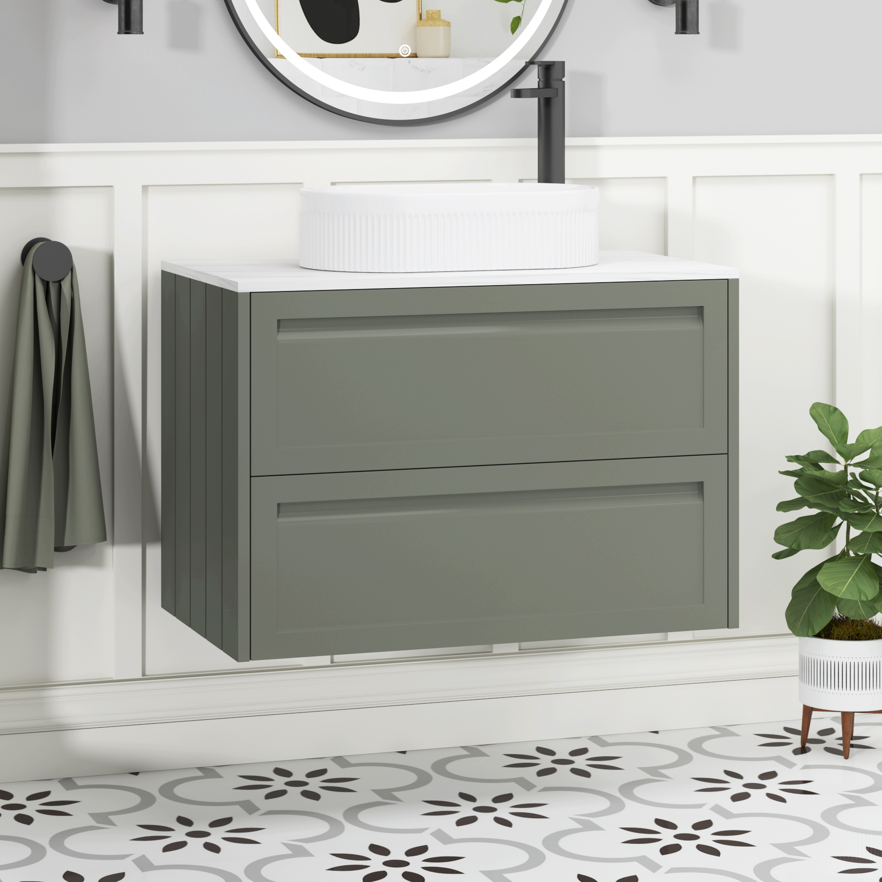 Elmore Matt Green 2 Drawer Wall Hung Vanity Unit with Carrara White Worktop & Various Countertop Basins
