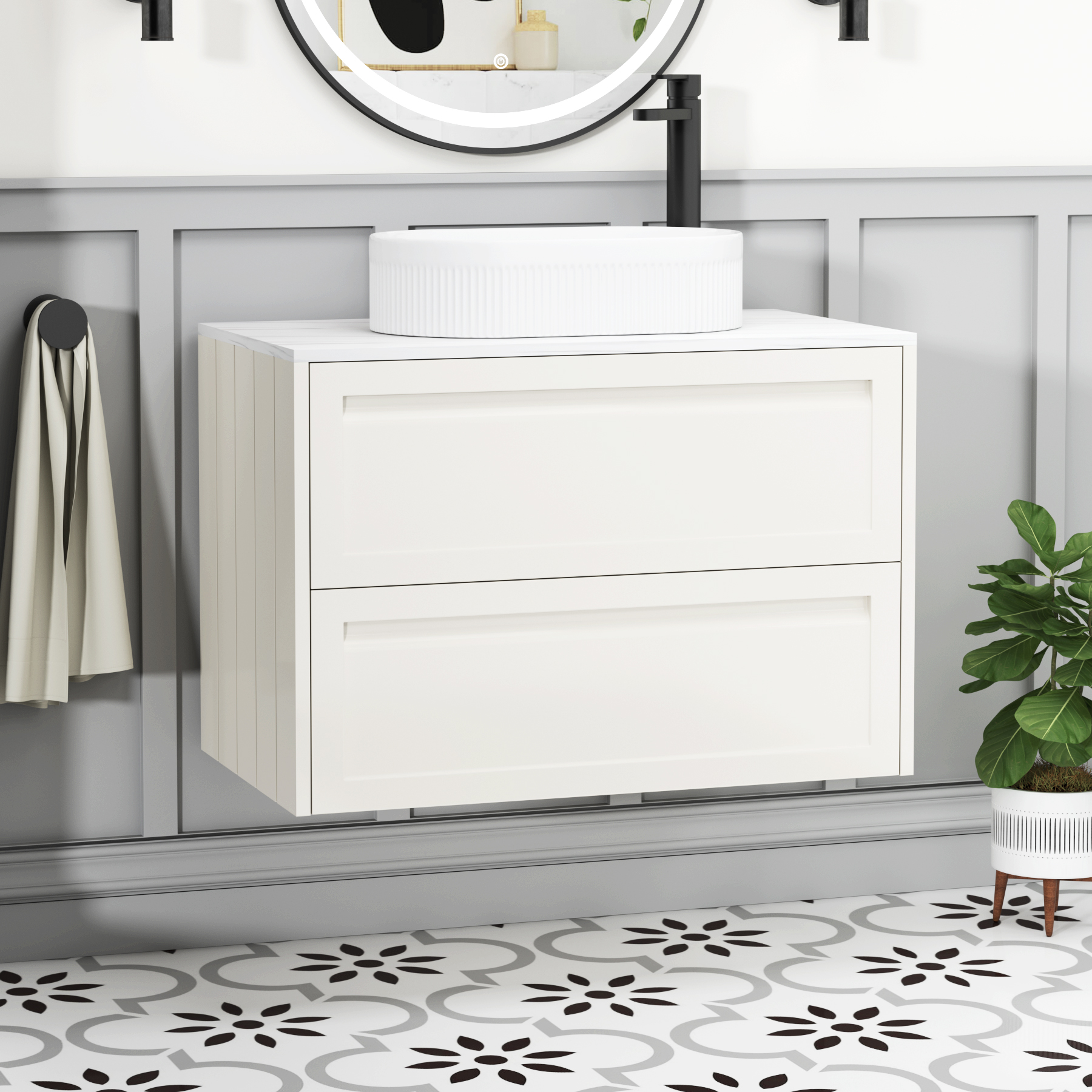Elmore Classic White 2 Drawer Wall Hung Vanity Unit with Carrara White Worktop & Various Countertop Basins