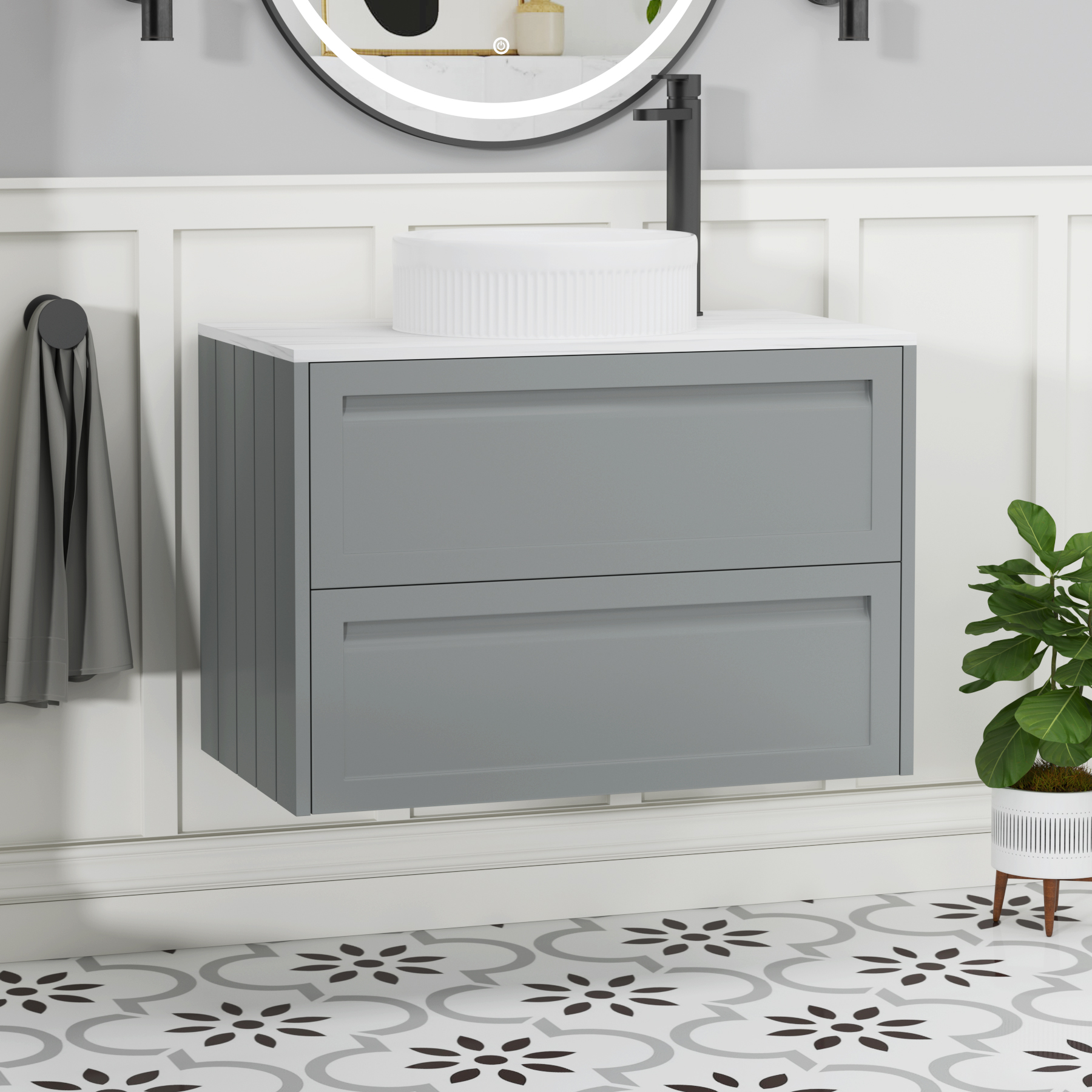 Elmore Matt Pebble Grey 2 Drawer Wall Hung Vanity Unit with Carrara White Worktop & Various Countertop Basins