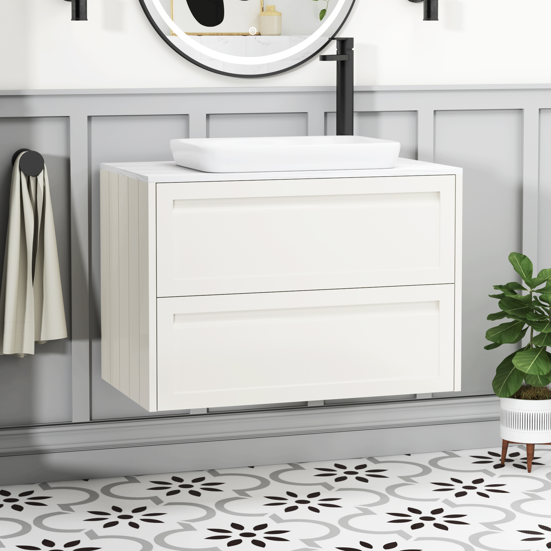 Elmore Classic White 2 Drawer Wall Hung Vanity Unit with Carrara White Worktop & Various Countertop Basins