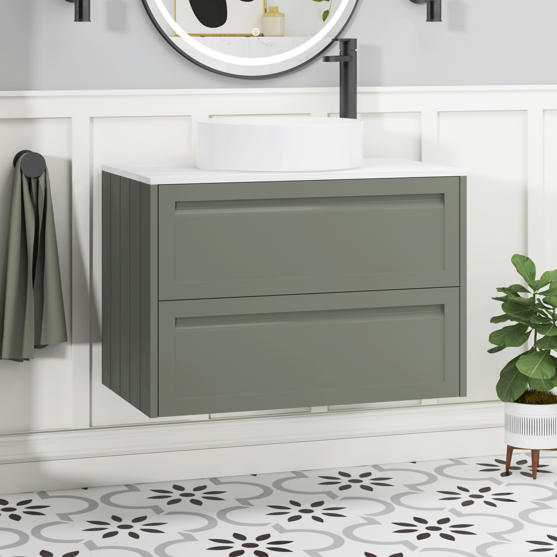 Elmore Matt Green 2 Drawer Wall Hung Vanity Unit with Carrara White Worktop & Various Countertop Basins