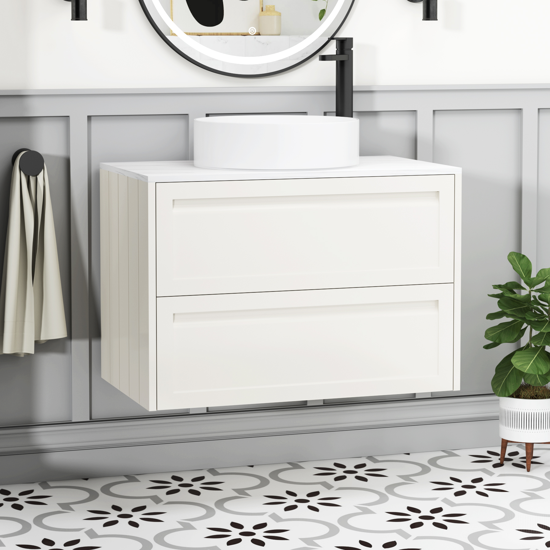 Elmore Classic White 2 Drawer Wall Hung Vanity Unit with Carrara White Worktop & Various Countertop Basins
