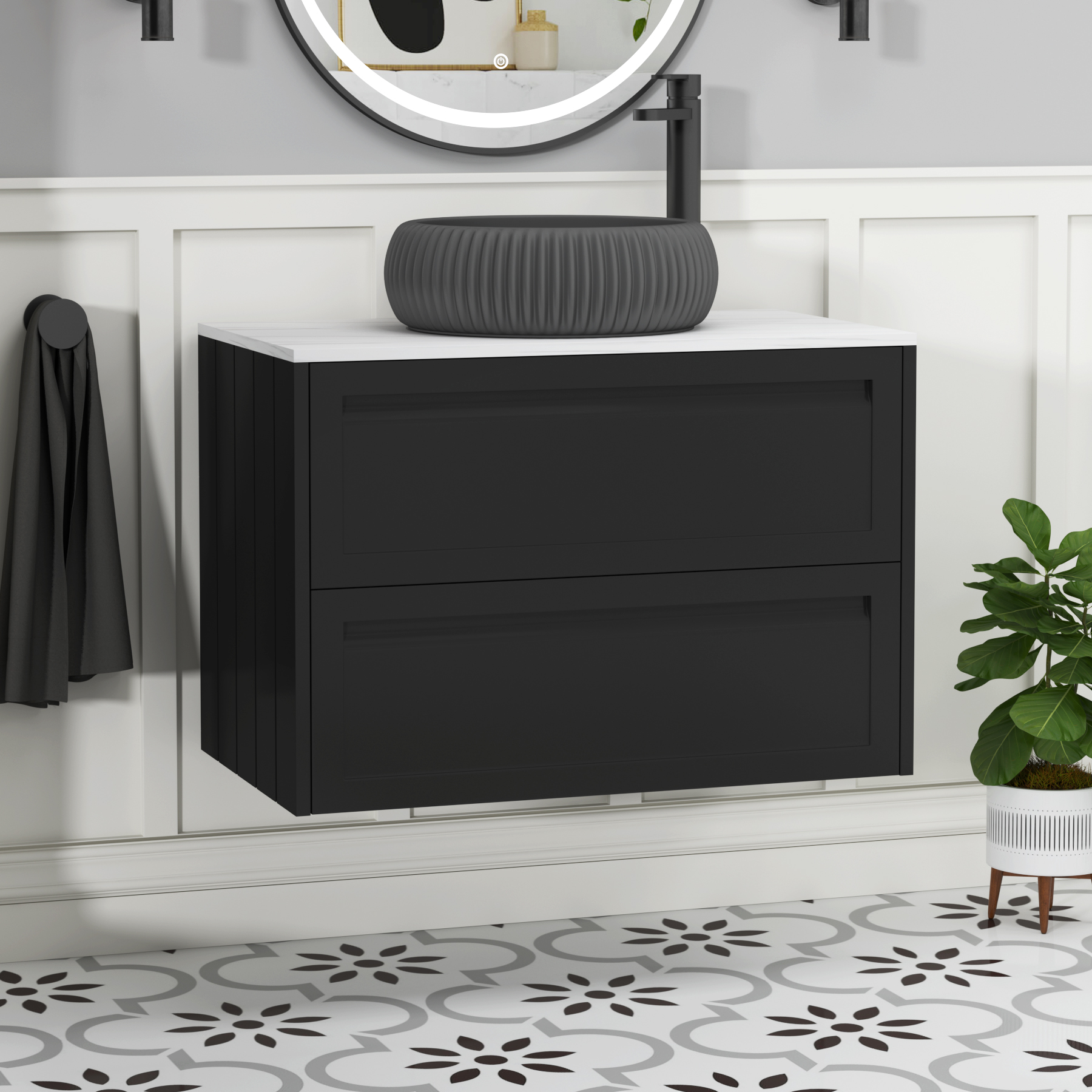Elmore Matt Nocturne Black 2 Drawer Wall Hung Vanity Unit with Carrara White Worktop & Various Countertop Basins