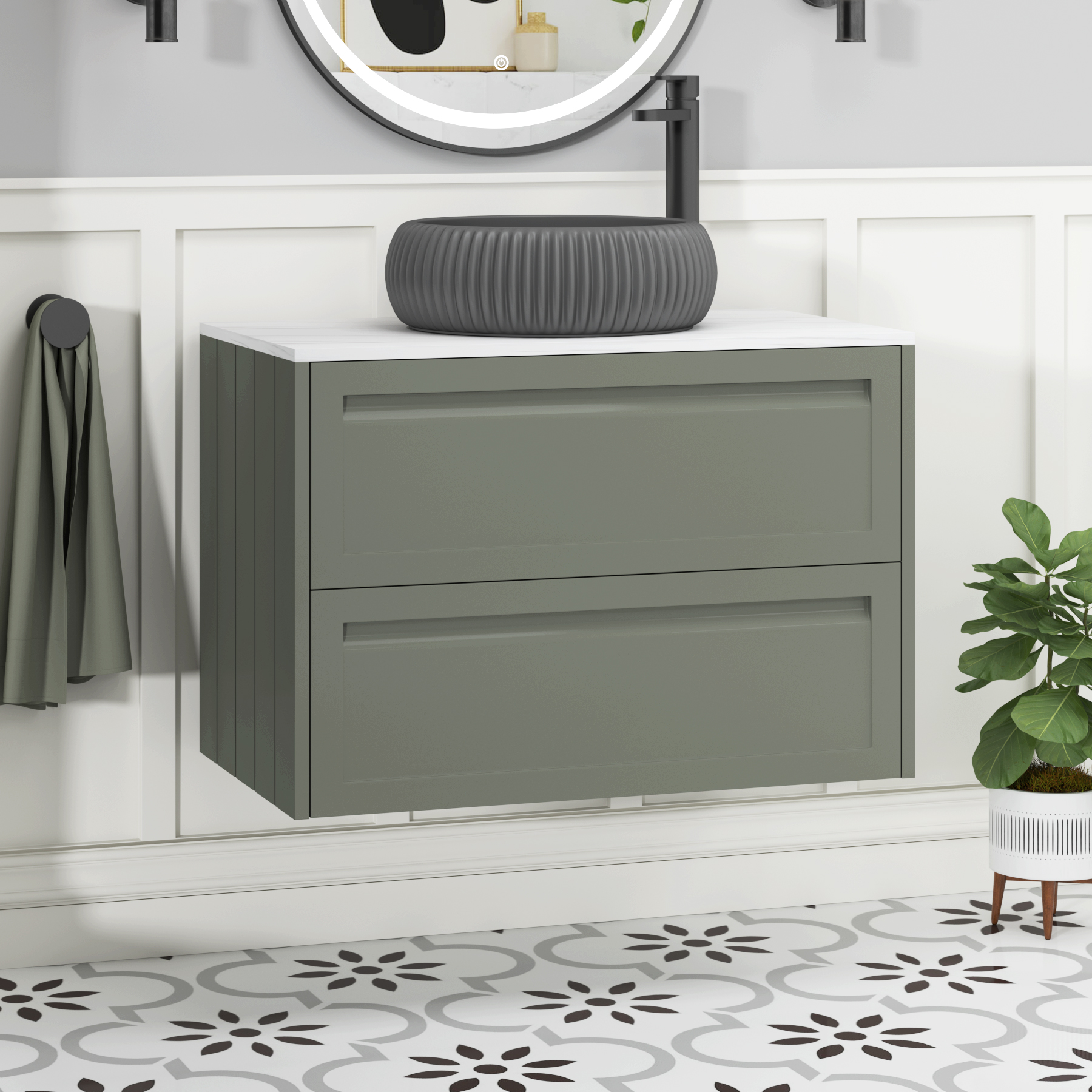 Elmore Matt Green 2 Drawer Wall Hung Vanity Unit with Carrara White Worktop & Various Countertop Basins