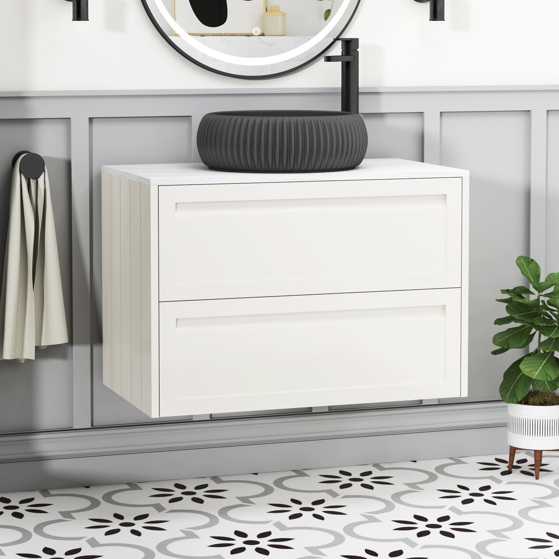 Elmore Classic White 2 Drawer Wall Hung Vanity Unit with Carrara White Worktop & Various Countertop Basins