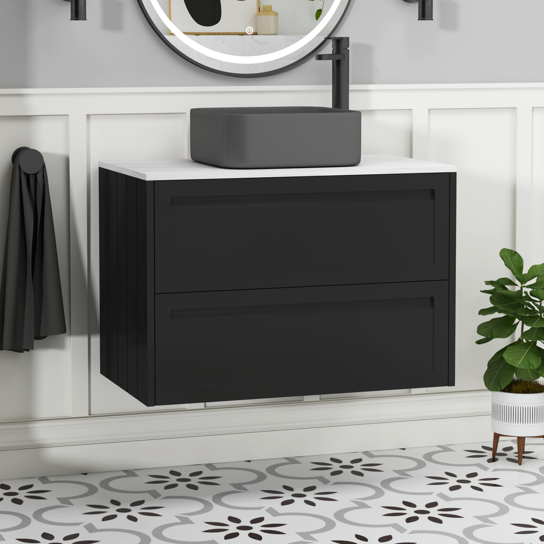 Elmore Matt Nocturne Black 2 Drawer Wall Hung Vanity Unit with Carrara White Worktop & Various Countertop Basins