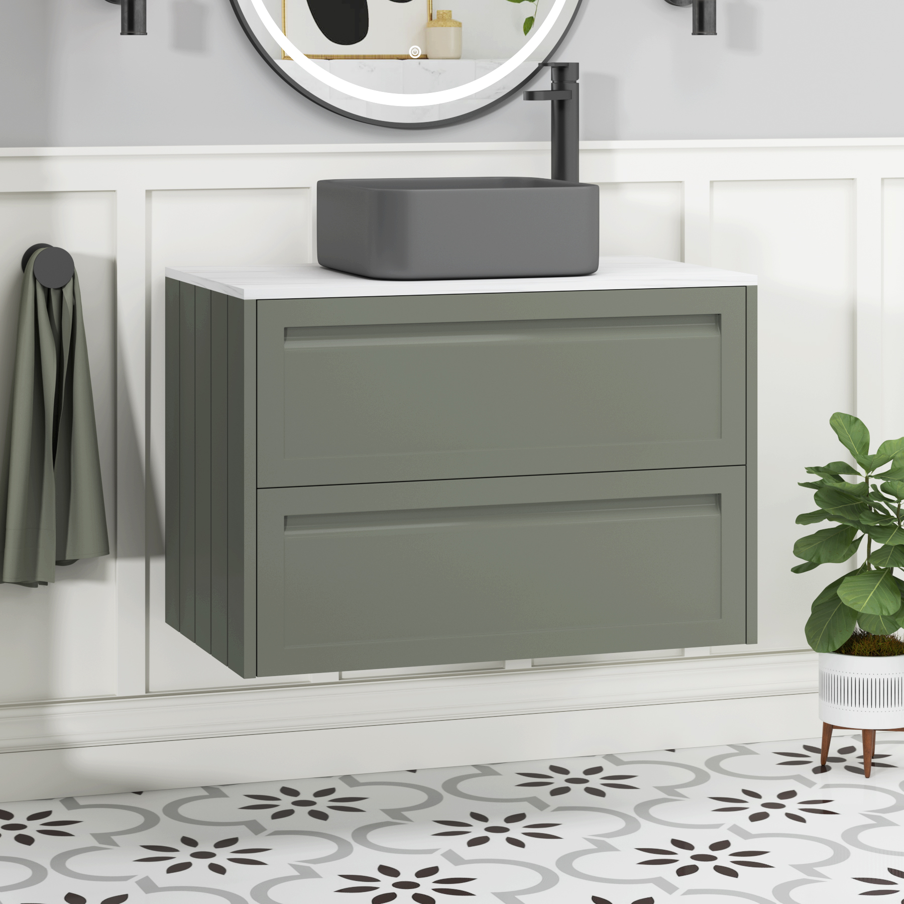 Elmore Matt Green 2 Drawer Wall Hung Vanity Unit with Carrara White Worktop & Various Countertop Basins