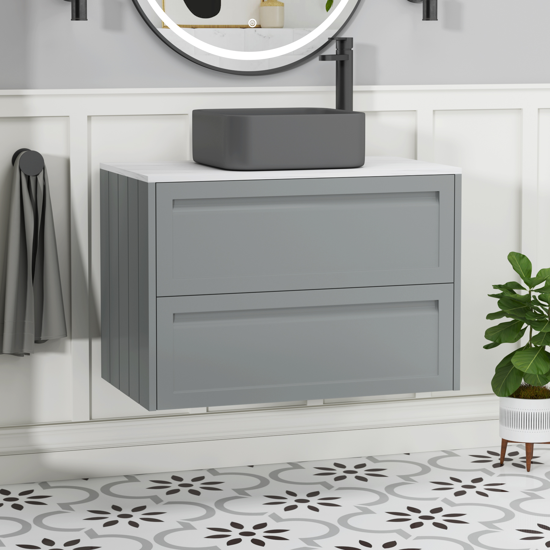 Elmore Matt Pebble Grey 2 Drawer Wall Hung Vanity Unit with Carrara White Worktop & Various Countertop Basins