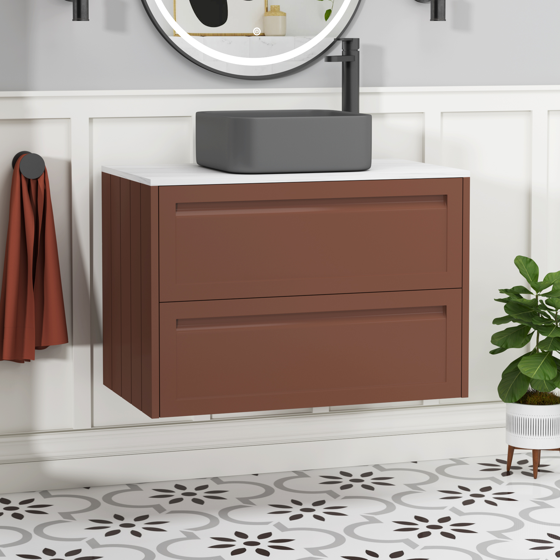 Elmore Terracotta Clay 2 Drawer Wall Hung Vanity Unit with Carrara White Worktop & Various Countertop Basins