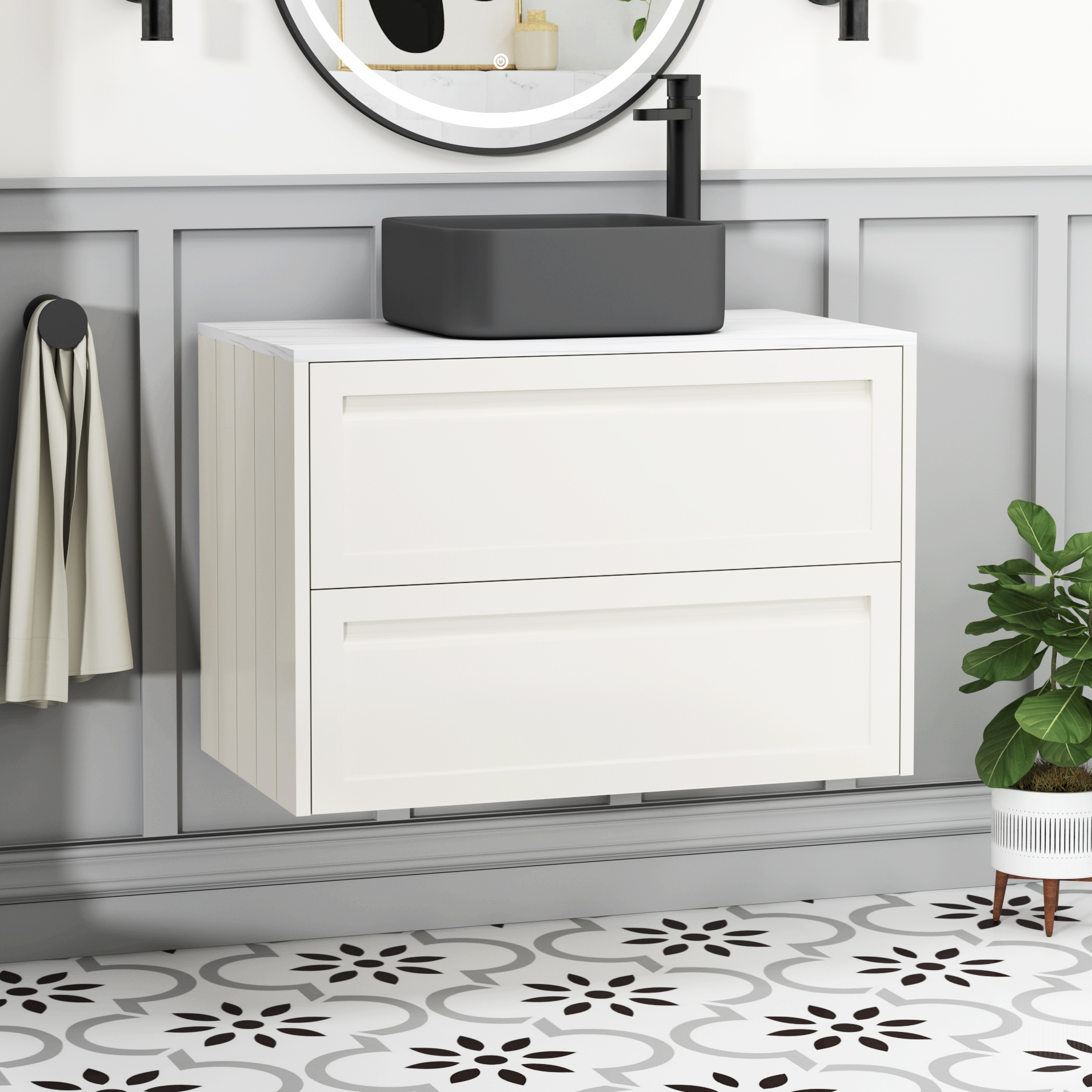 Elmore Classic White 2 Drawer Wall Hung Vanity Unit with Carrara White Worktop & Various Countertop Basins