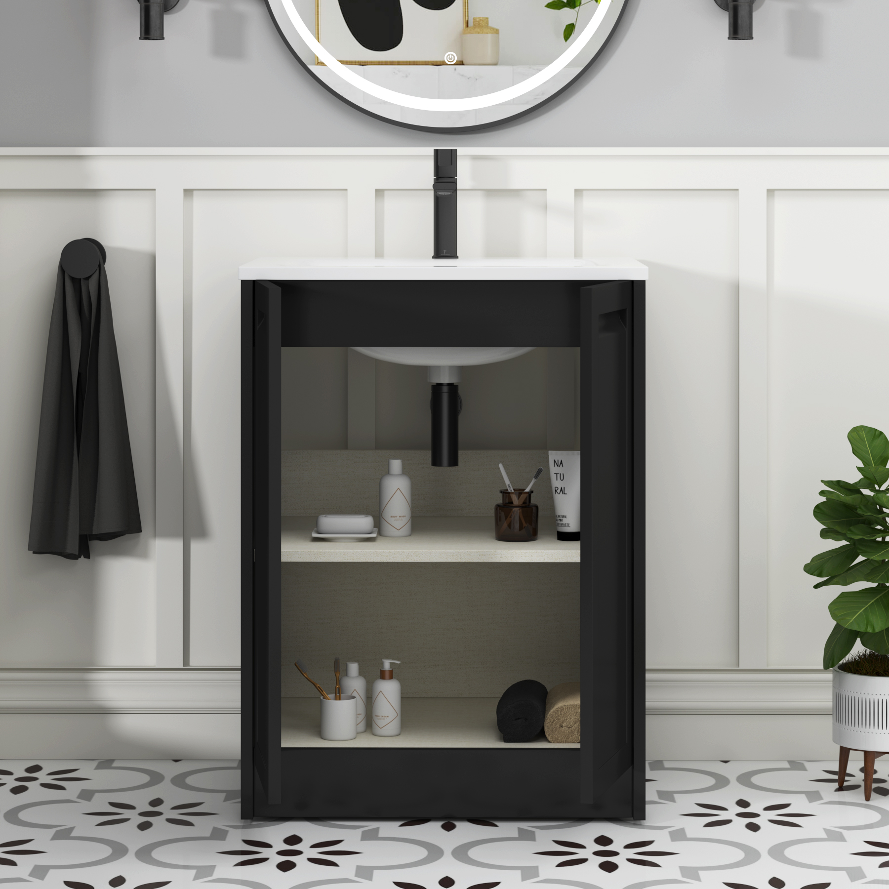 Elmore Matt Nocturne Black Traditional 2 Door Floor Standing Vanity Unit with Matt Stone Basin
