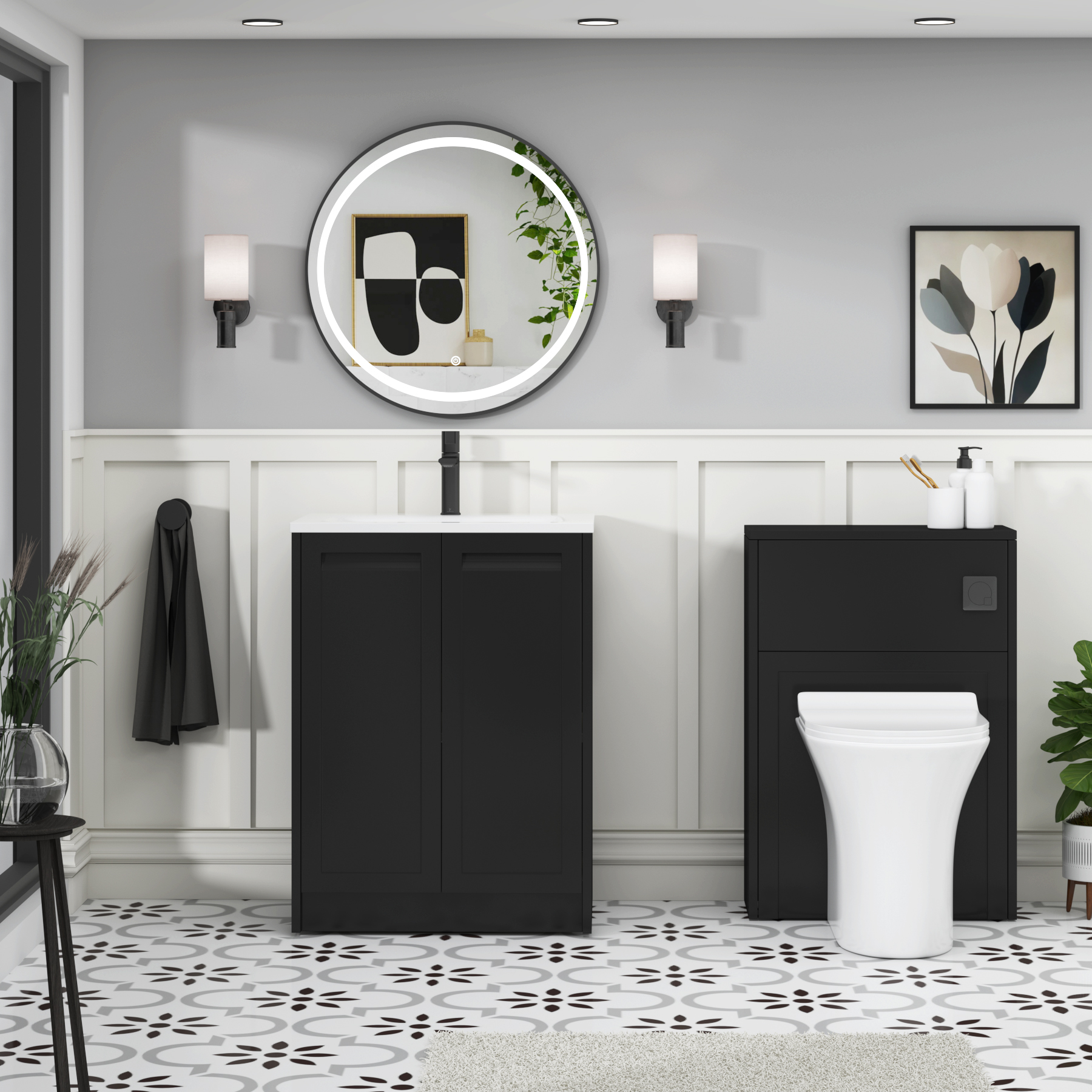 Elmore Matt Nocturne Black Traditional 2 Door Floor Standing Vanity Unit with Matt Stone Basin
