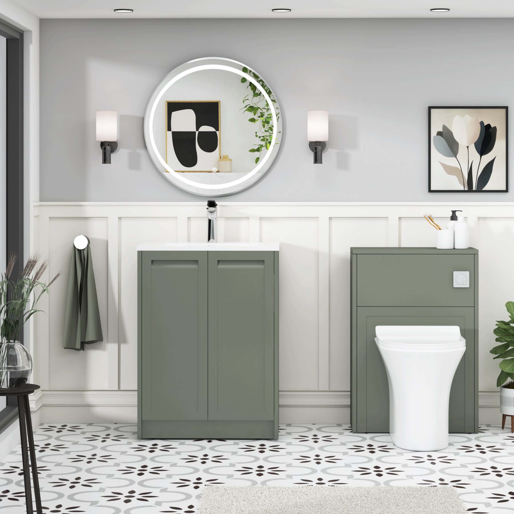 Elmore Matt Green Traditional 2 Door Floor Standing Vanity Unit with Matt Stone Basin