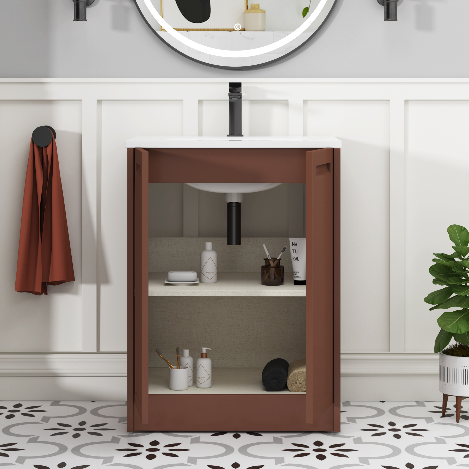 Elmore Terracotta Clay Traditional 2 Door Floor Standing Vanity Unit with Matt Stone Basin