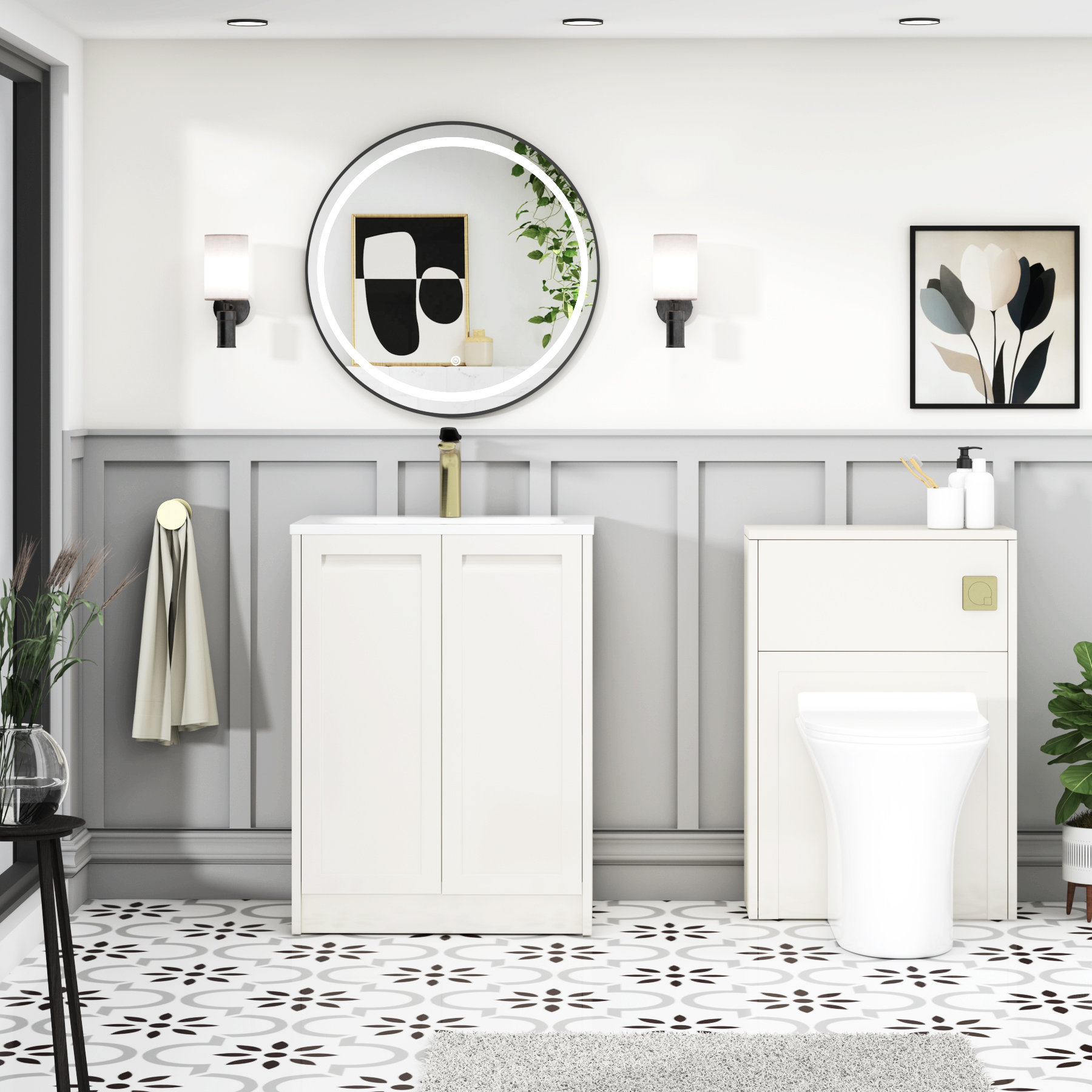 Elmore Classic White Traditional 2 Door Floor Standing Vanity Unit with Matt Stone Basin