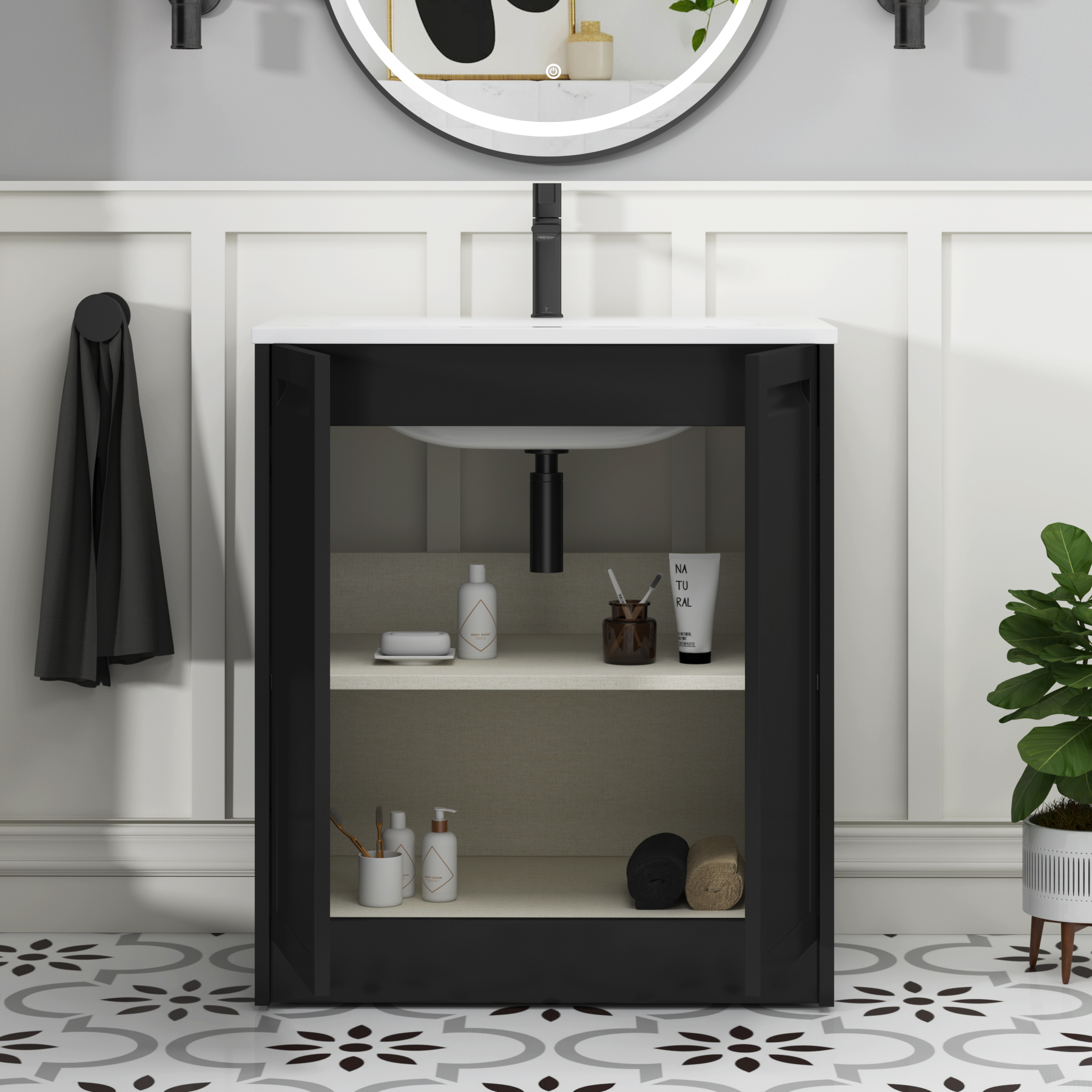 Elmore Matt Nocturne Black Traditional 2 Door Floor Standing Vanity Unit with Matt Stone Basin