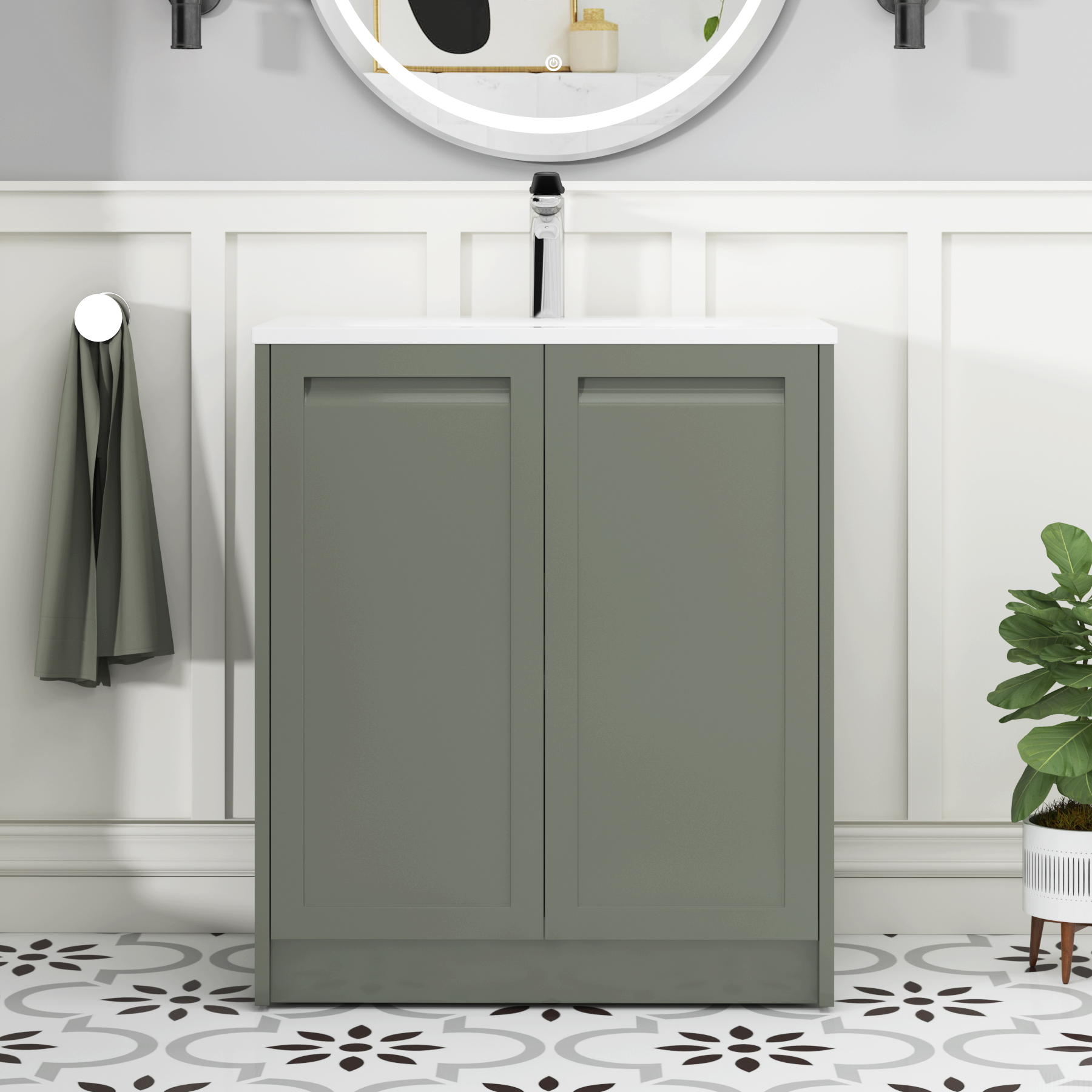 Elmore Matt Green Traditional 2 Door Floor Standing Vanity Unit with Matt Stone Basin