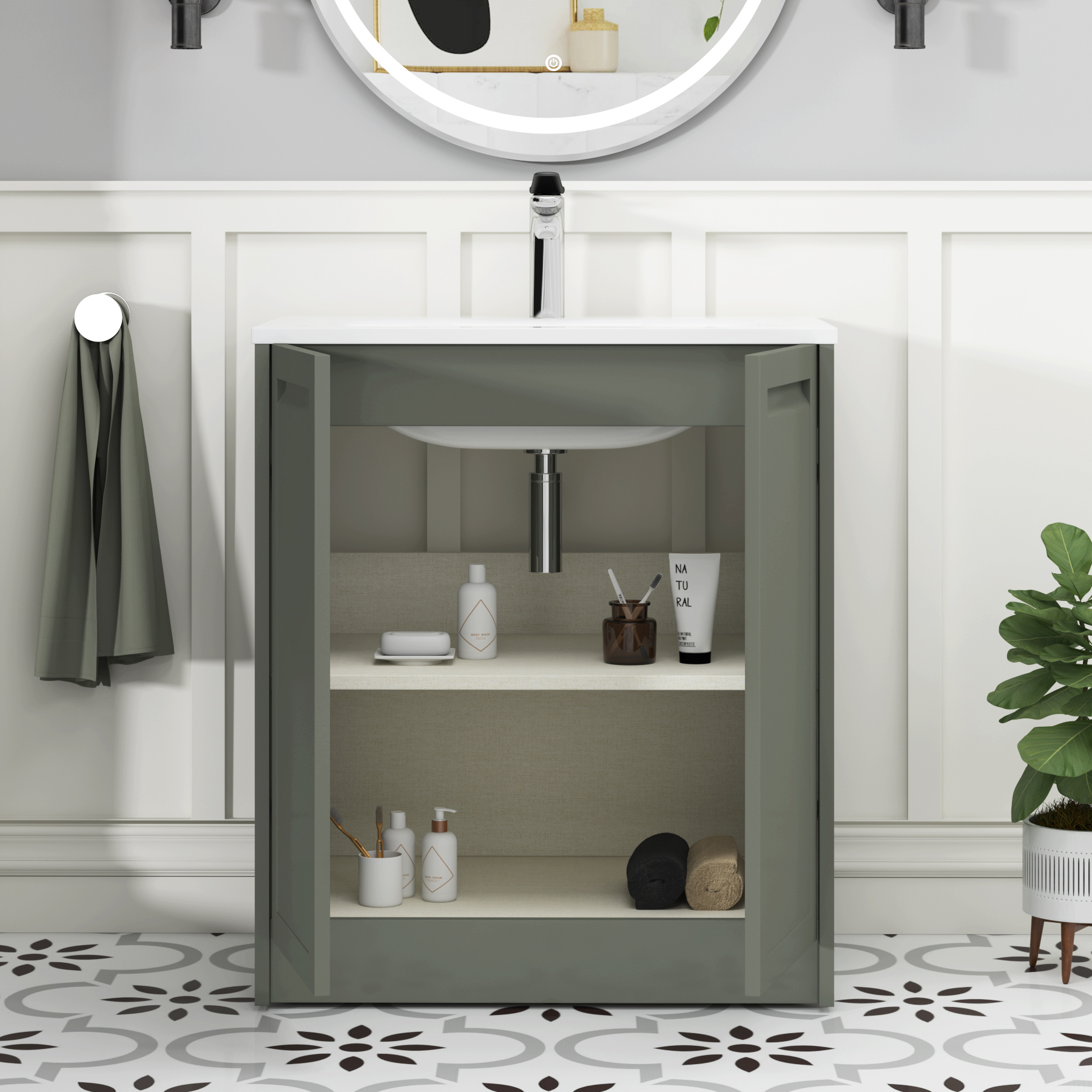 Elmore Matt Green Traditional 2 Door Floor Standing Vanity Unit with Matt Stone Basin