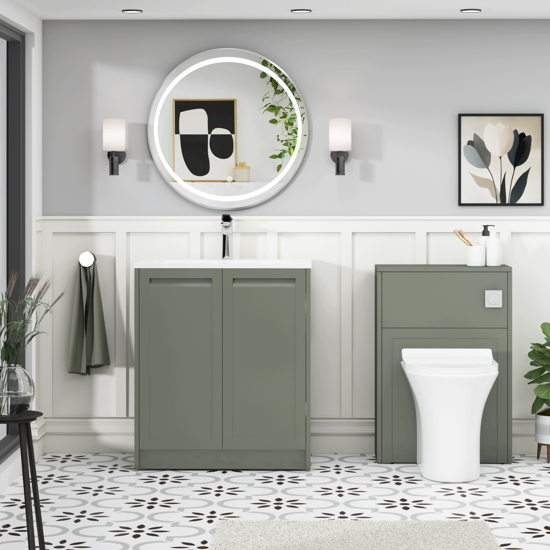 Elmore Matt Green Traditional 2 Door Floor Standing Vanity Unit with Matt Stone Basin