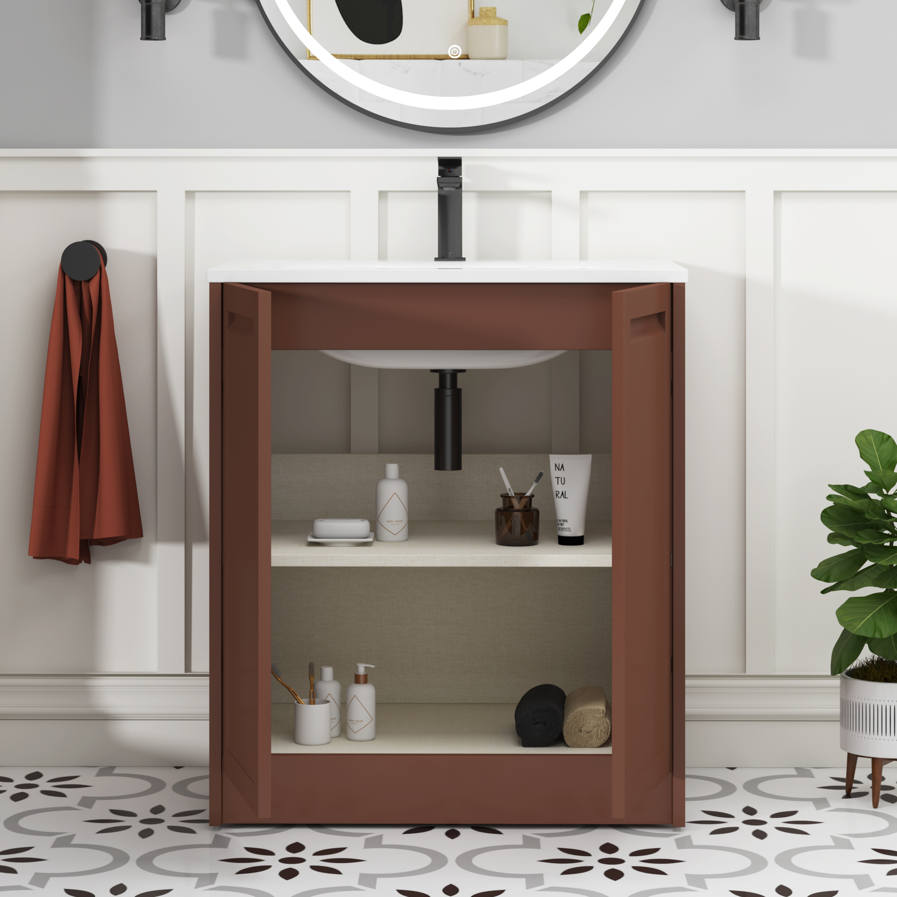 Elmore Terracotta Clay Traditional 2 Door Floor Standing Vanity Unit with Matt Stone Basin