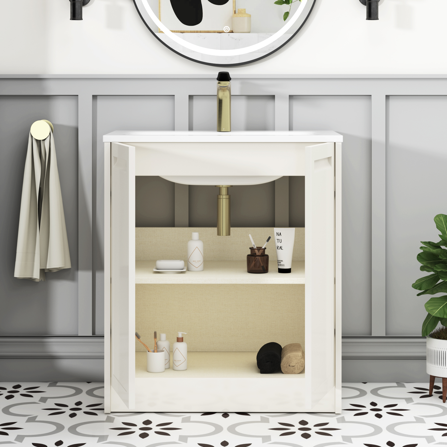 Elmore Classic White Traditional 2 Door Floor Standing Vanity Unit with Matt Stone Basin