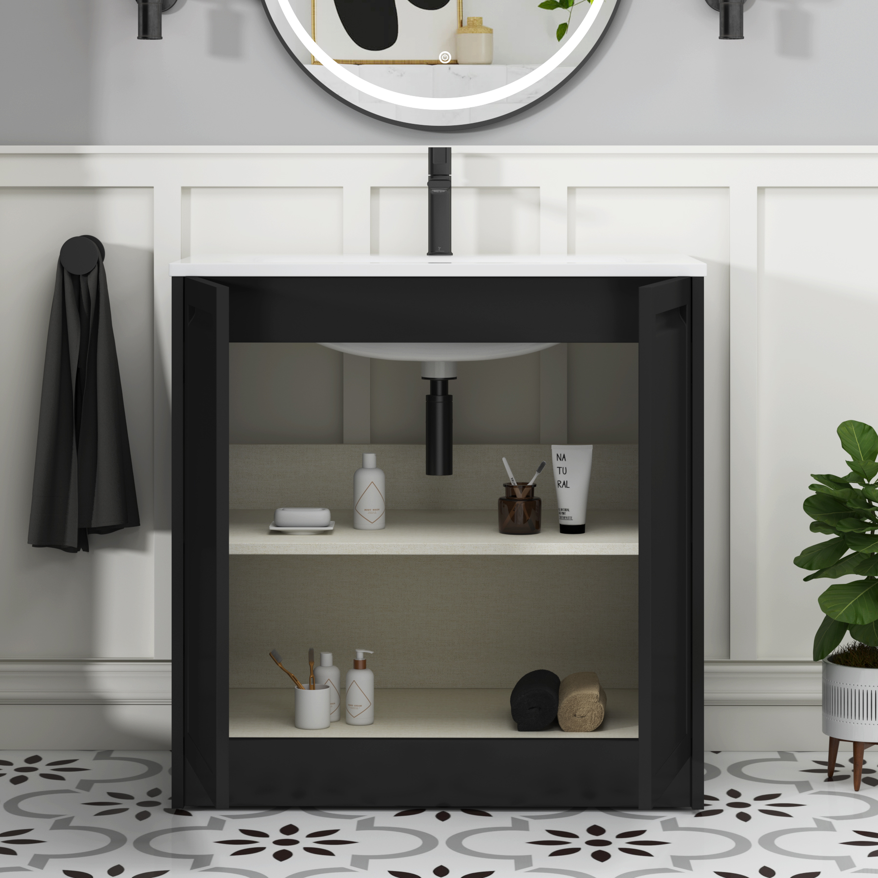Elmore Matt Nocturne Black Traditional 2 Door Floor Standing Vanity Unit with Matt Stone Basin