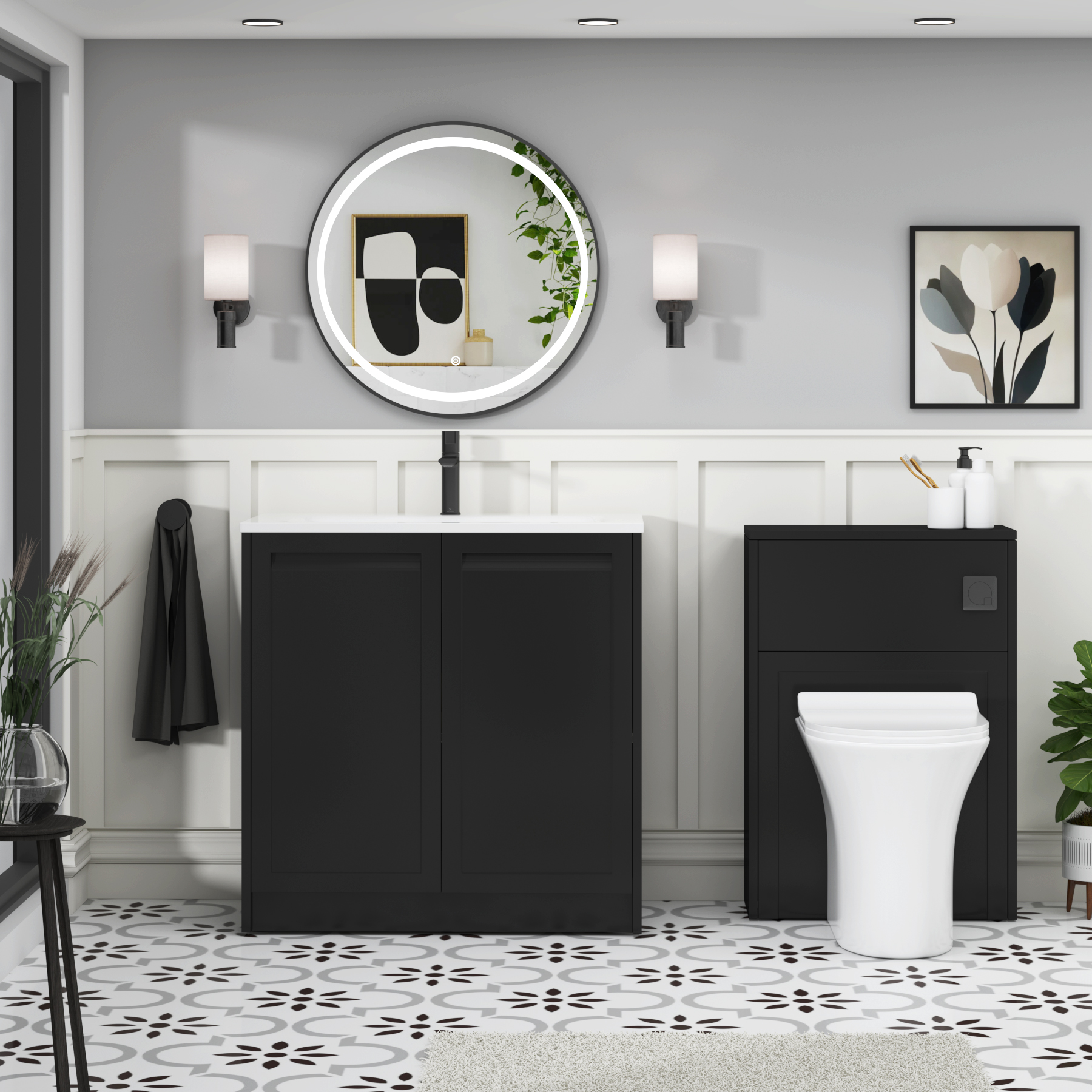 Elmore Matt Nocturne Black Traditional 2 Door Floor Standing Vanity Unit with Matt Stone Basin
