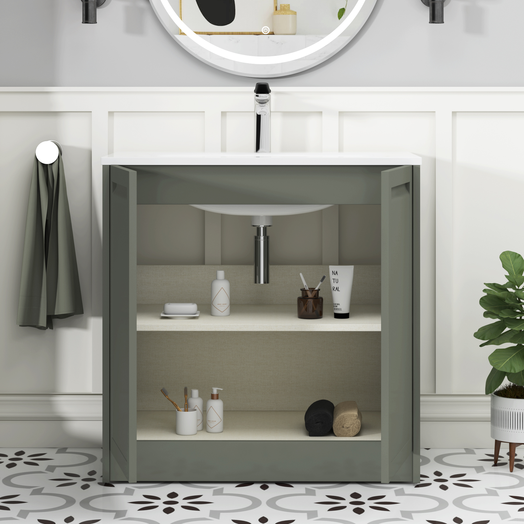 Elmore Matt Green Traditional 2 Door Floor Standing Vanity Unit with Matt Stone Basin