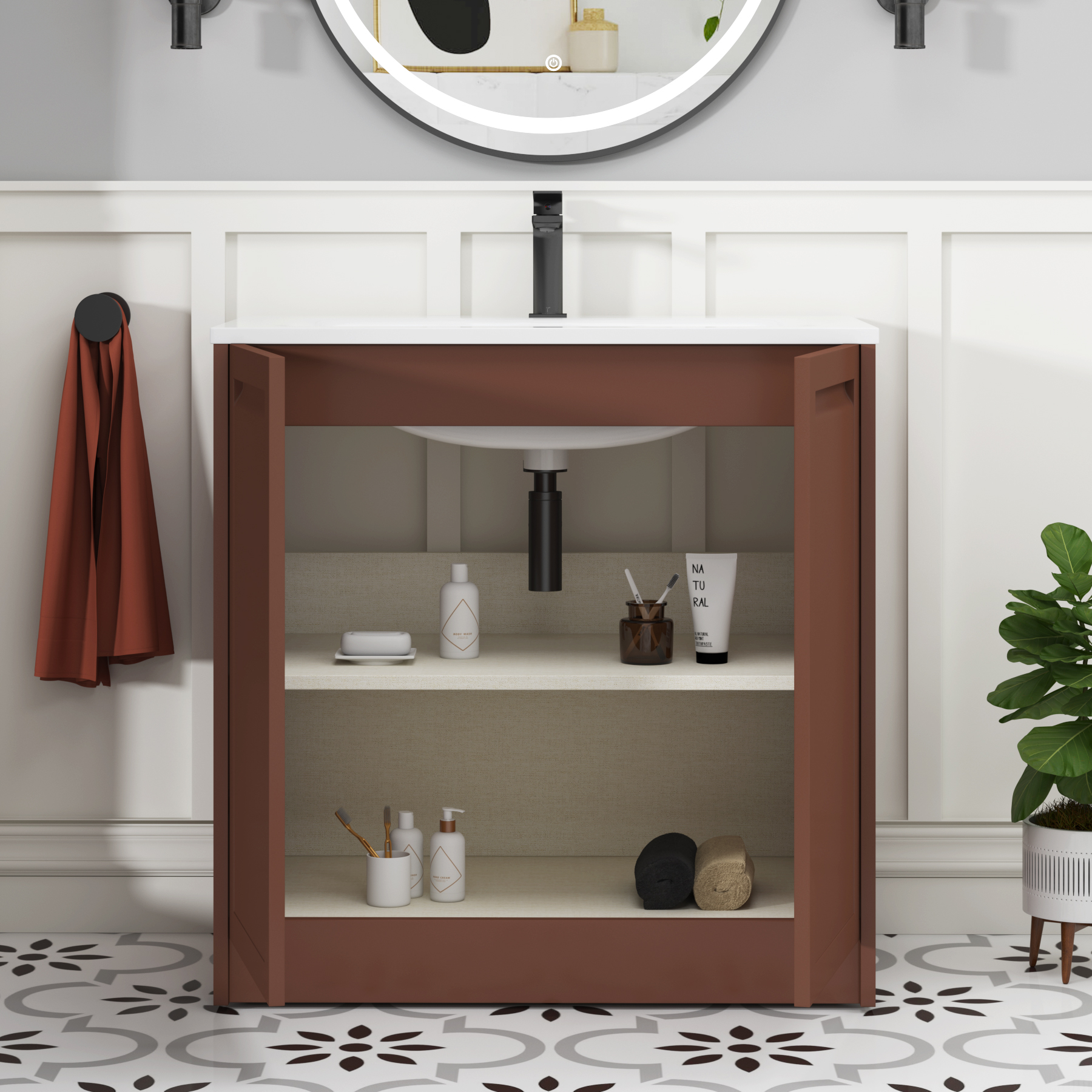 Elmore Terracotta Clay Traditional 2 Door Floor Standing Vanity Unit with Matt Stone Basin