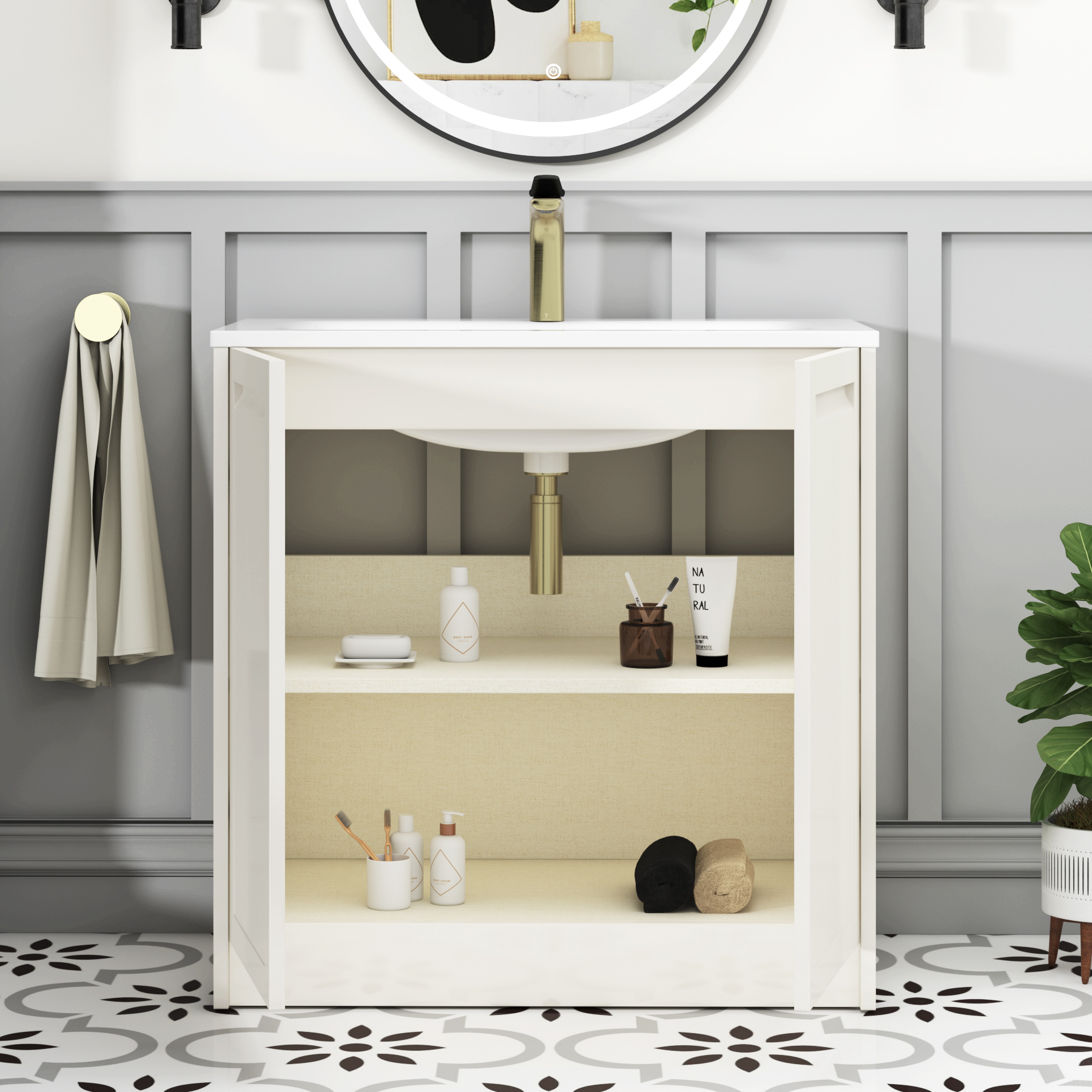 Elmore Classic White Traditional 2 Door Floor Standing Vanity Unit with Matt Stone Basin