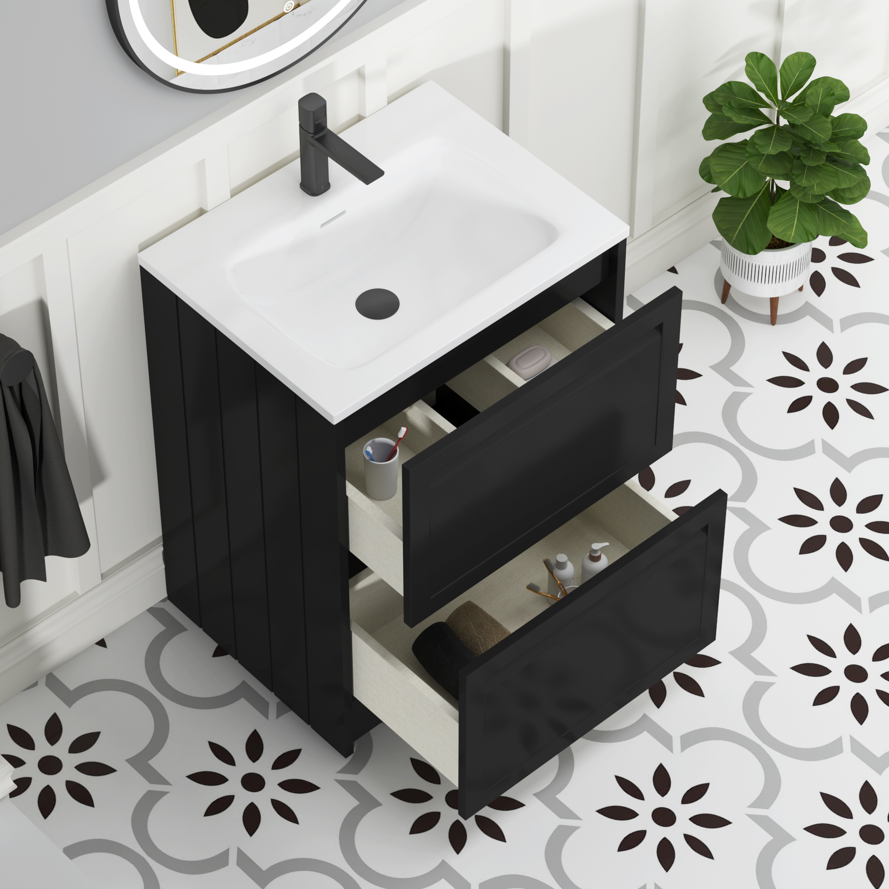 Elmore Matt Nocturne Black Traditional 2 Drawer Floor Standing Vanity Unit with Matt Stone Basin