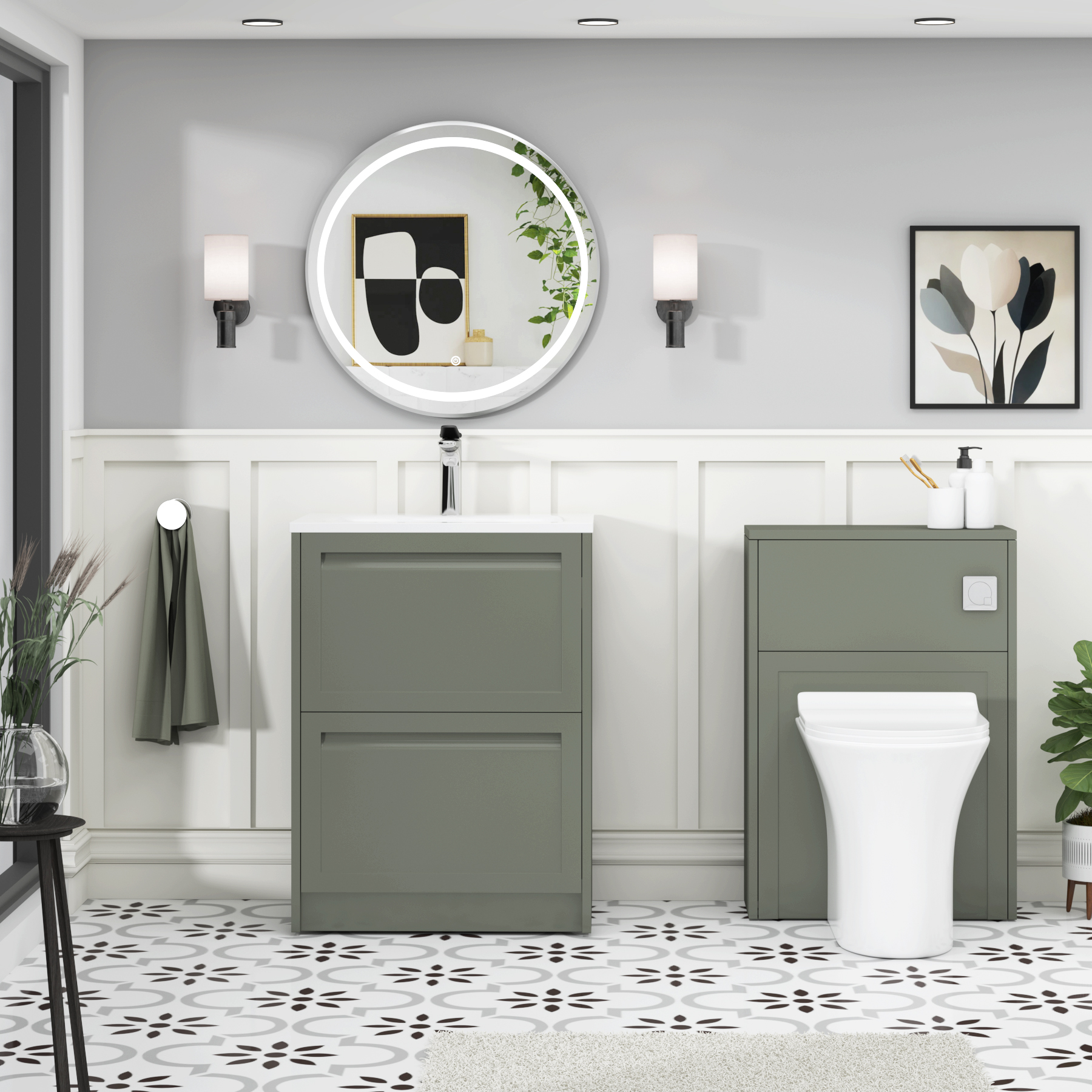 Elmore Matt Green Traditional 2 Drawer Floor Standing Vanity Unit with Matt Stone Basin