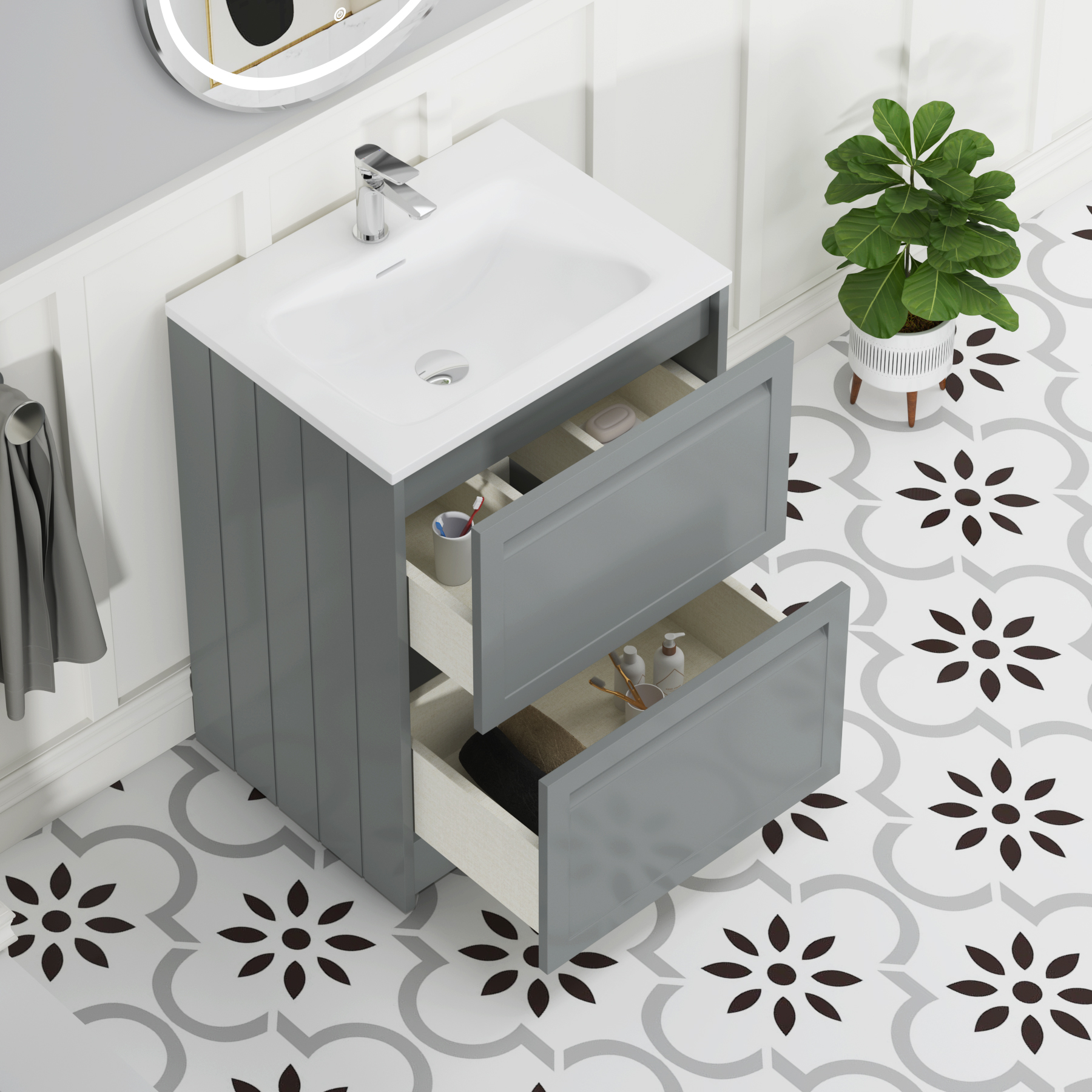 Elmore Matt Pebble Grey Traditional 2 Drawer Floor Standing Vanity Unit with Matt Stone Basin