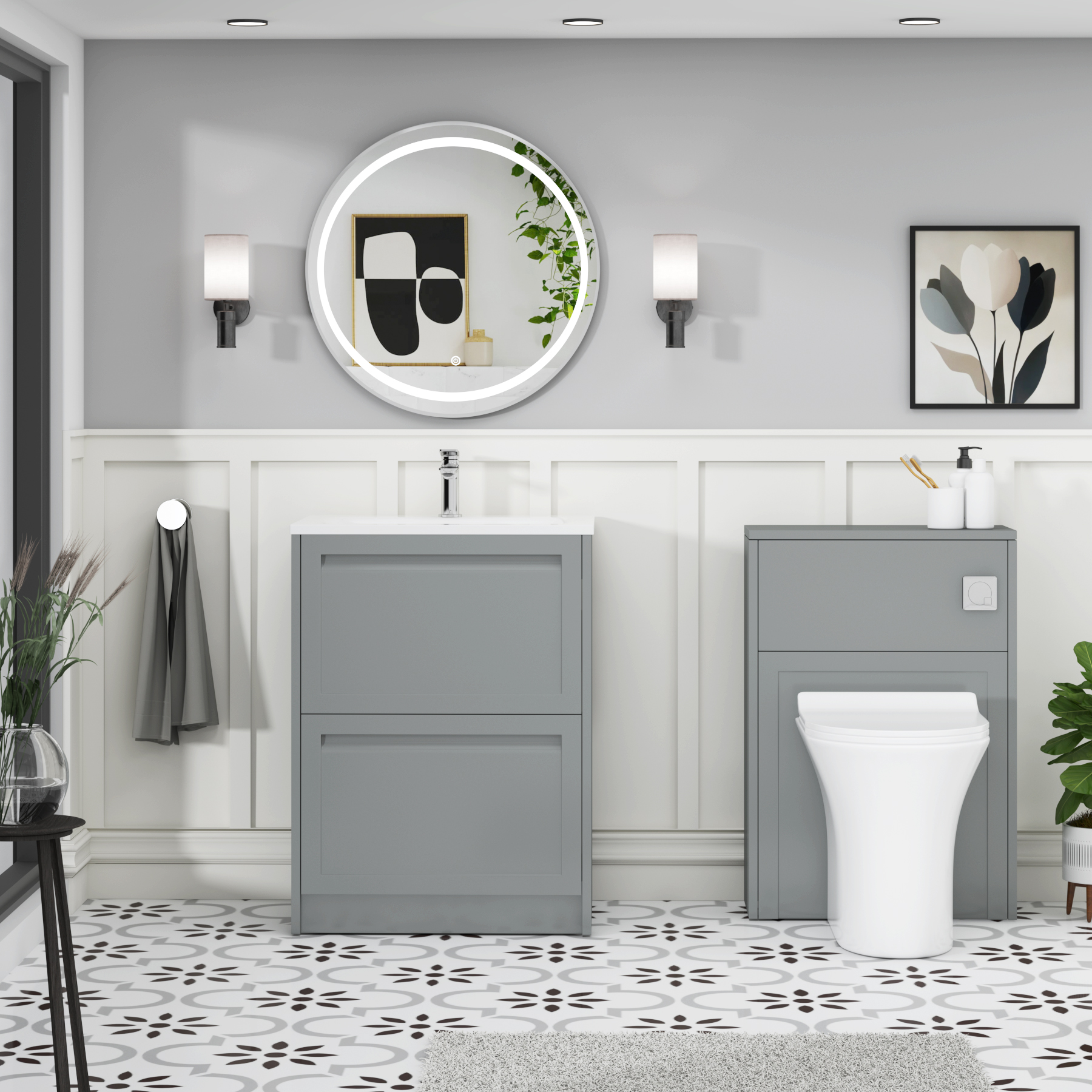 Elmore Matt Pebble Grey Traditional 2 Drawer Floor Standing Vanity Unit with Matt Stone Basin