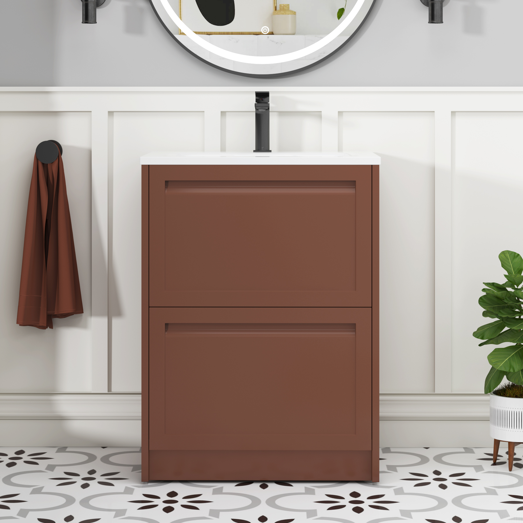 Elmore Terracotta Clay Traditional 2 Drawer Floor Standing Vanity Unit with Matt Stone Basin