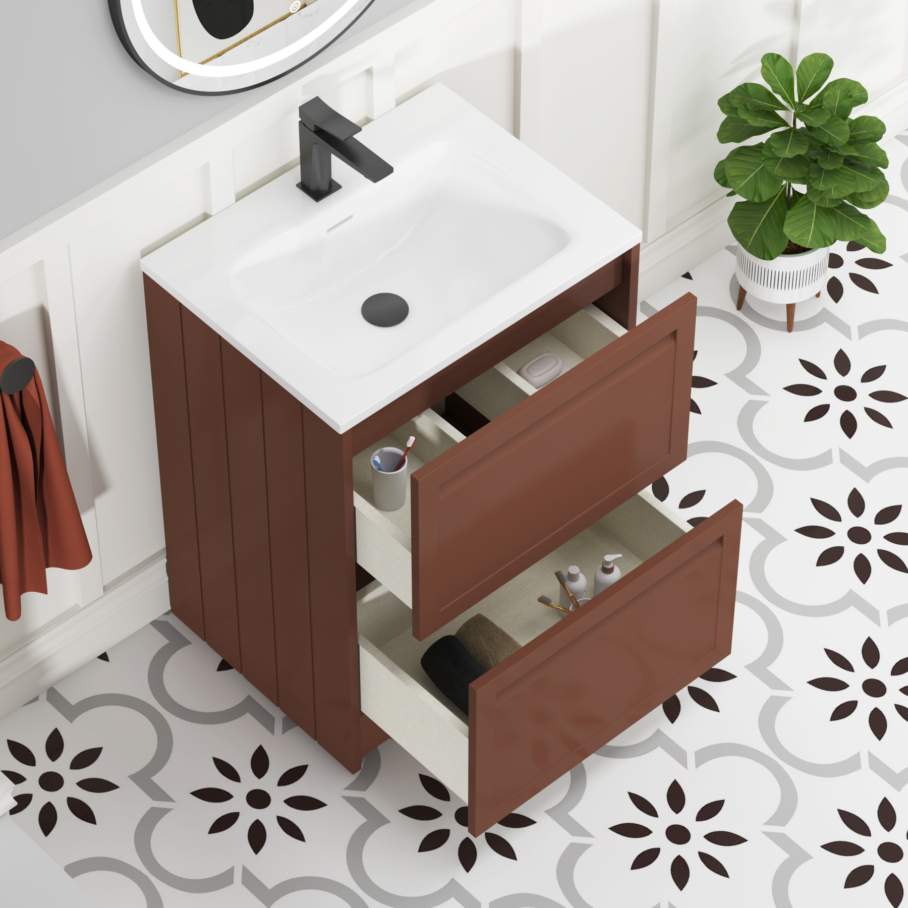 Elmore Terracotta Clay Traditional 2 Drawer Floor Standing Vanity Unit with Matt Stone Basin