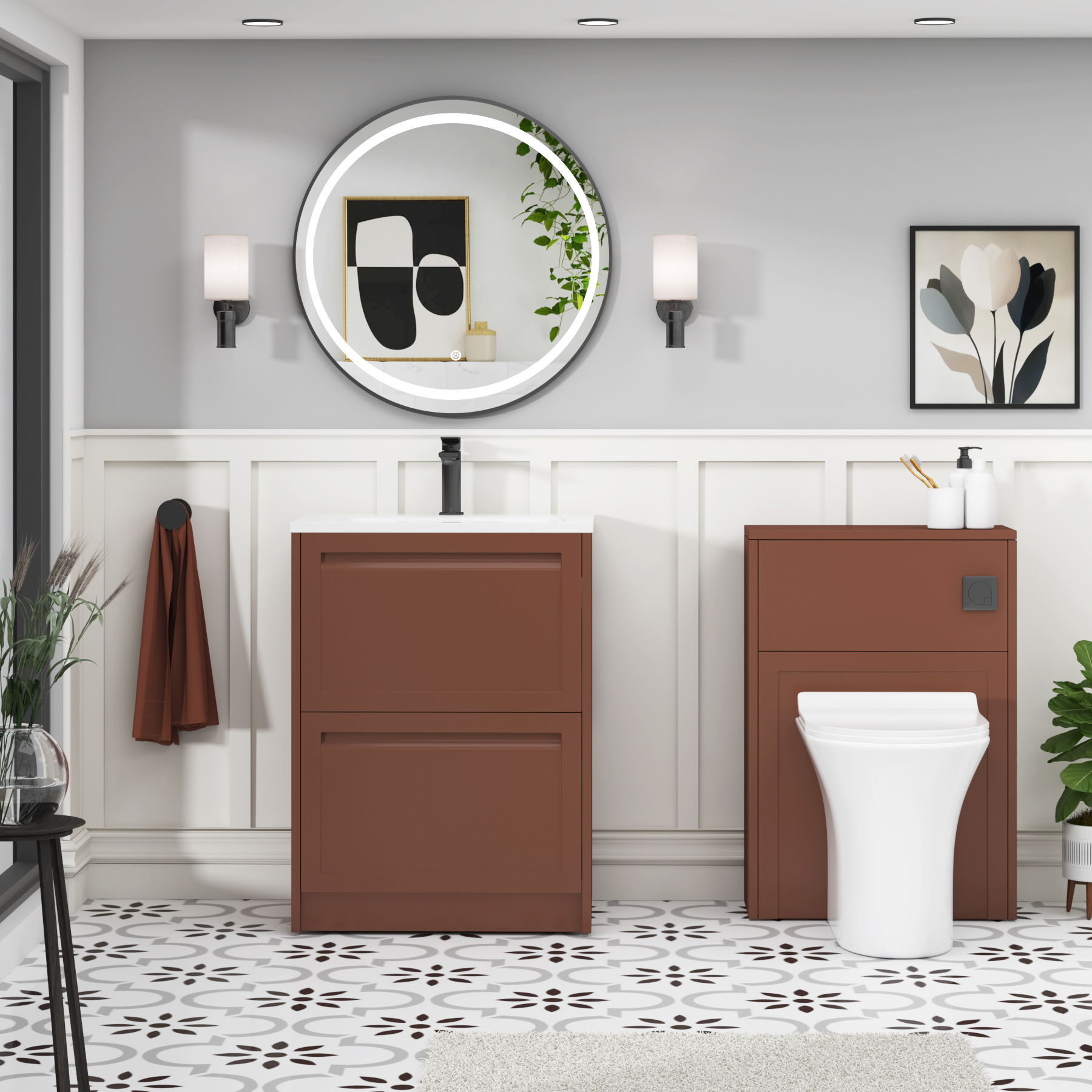 Elmore Terracotta Clay Traditional 2 Drawer Floor Standing Vanity Unit with Matt Stone Basin