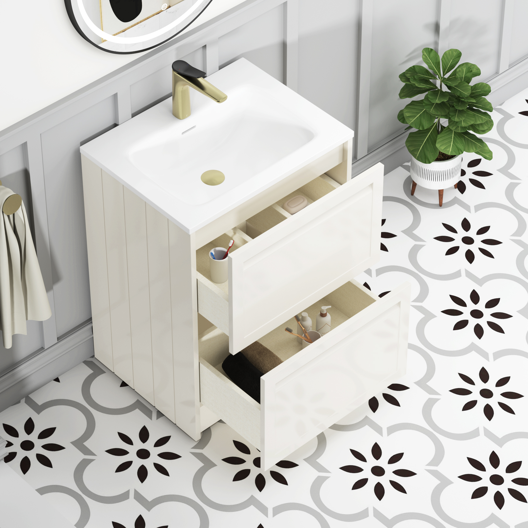 Elmore Classic White Traditional 2 Drawer Floor Standing Vanity Unit with Matt Stone Basin