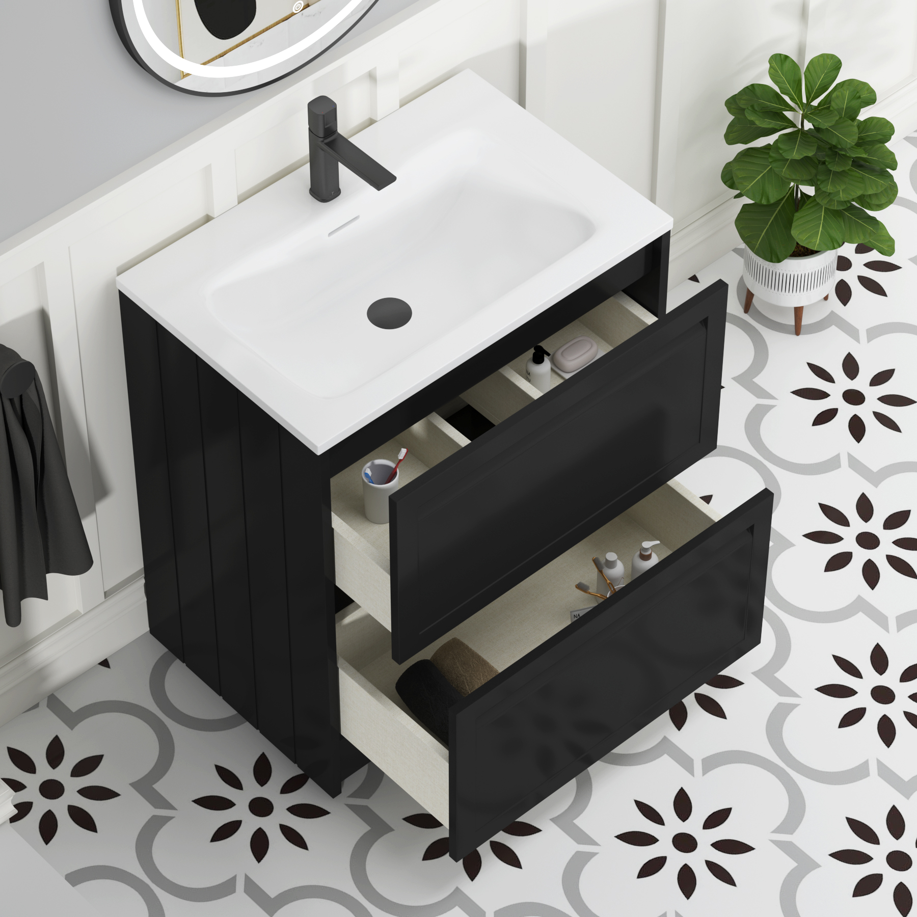 Elmore Matt Nocturne Black Traditional 2 Drawer Floor Standing Vanity Unit with Matt Stone Basin