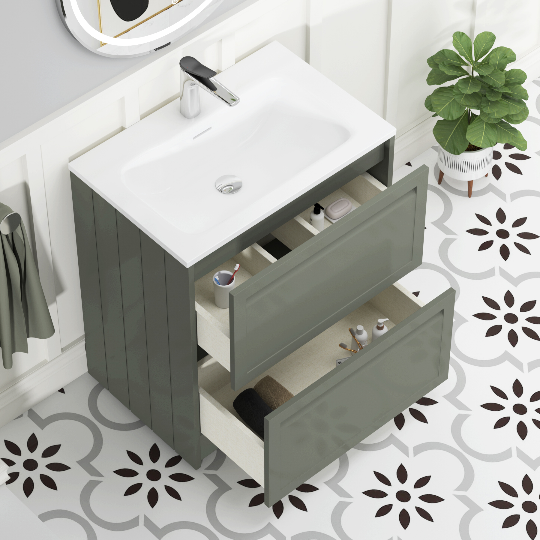 Elmore Matt Green Traditional 2 Drawer Floor Standing Vanity Unit with Matt Stone Basin