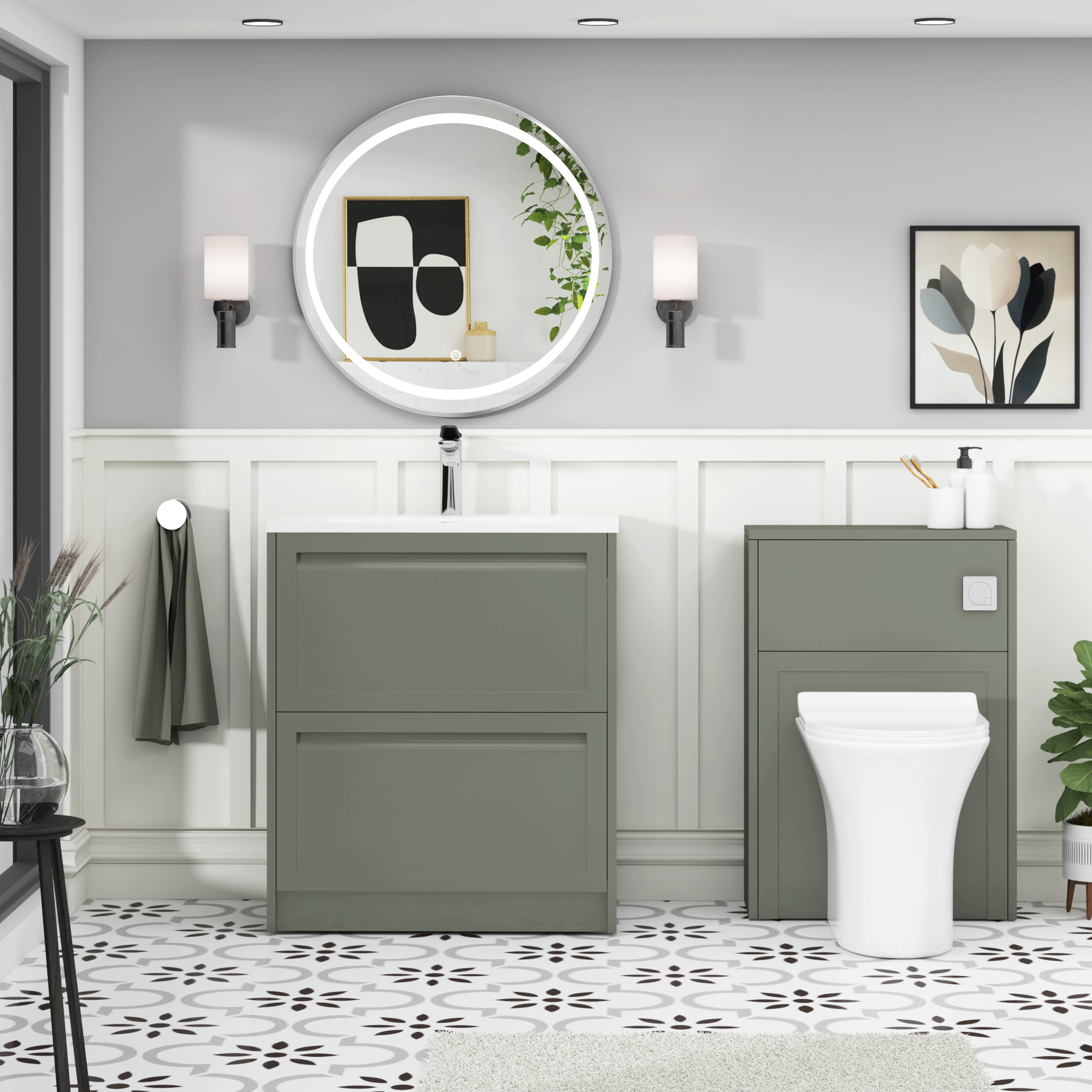 Elmore Matt Green Traditional 2 Drawer Floor Standing Vanity Unit with Matt Stone Basin