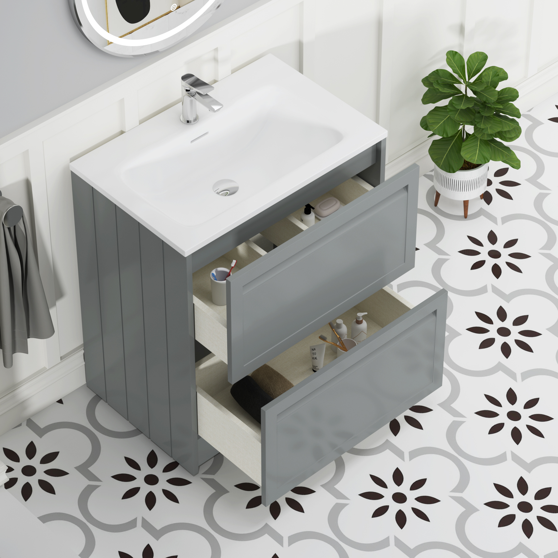 Elmore Matt Pebble Grey Traditional 2 Drawer Floor Standing Vanity Unit with Matt Stone Basin