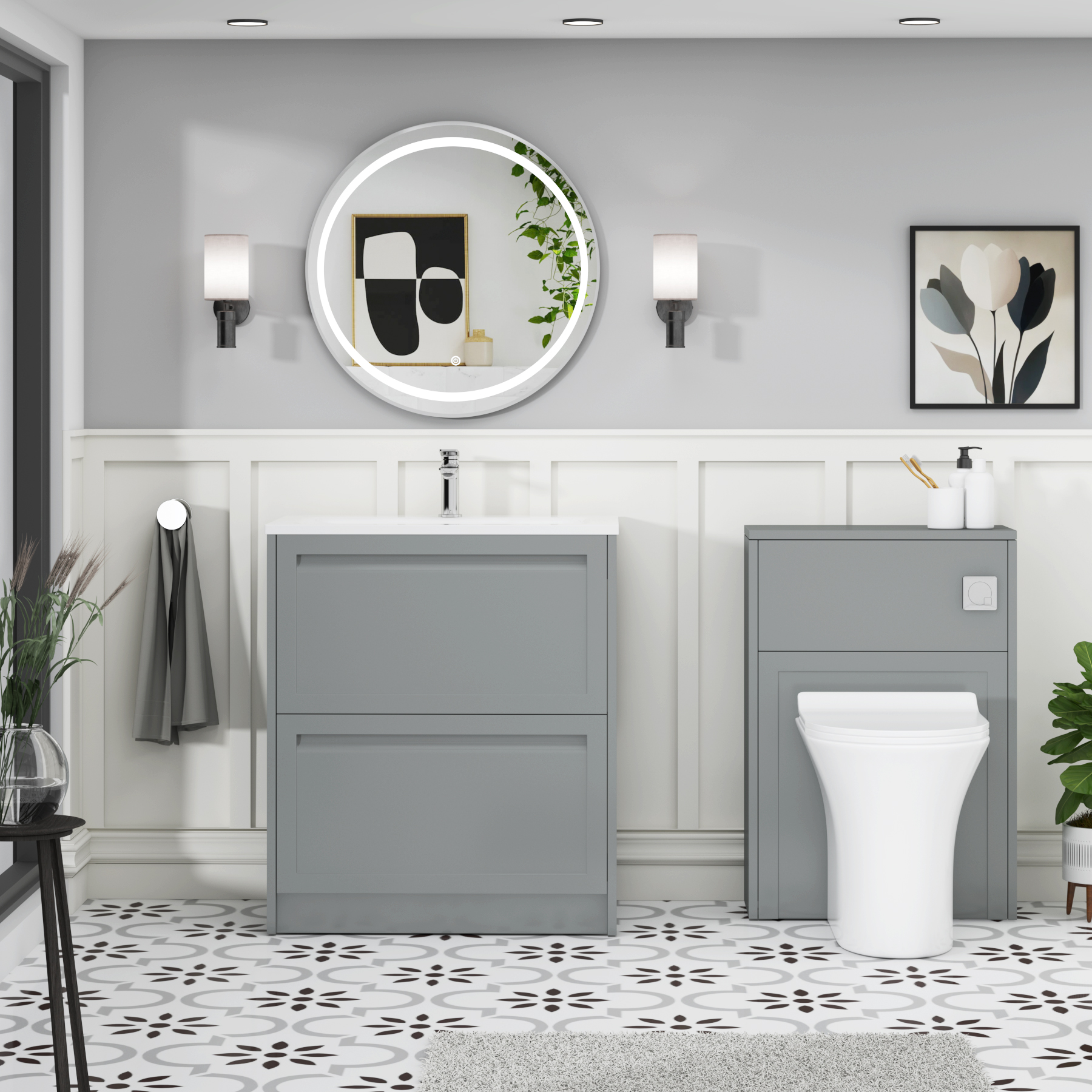 Elmore Matt Pebble Grey Traditional 2 Drawer Floor Standing Vanity Unit with Matt Stone Basin
