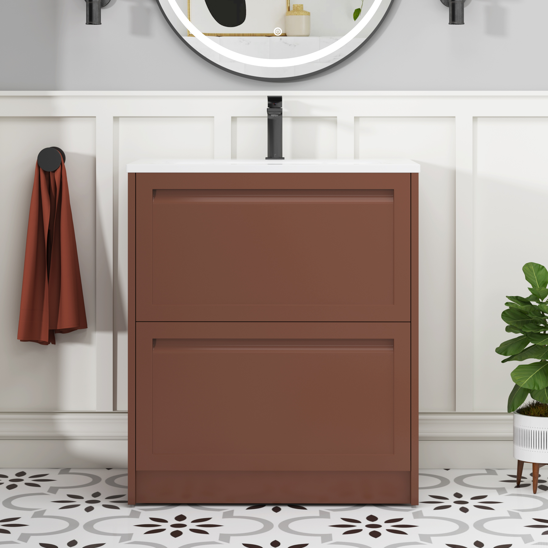 Elmore Terracotta Clay Traditional 2 Drawer Floor Standing Vanity Unit with Matt Stone Basin