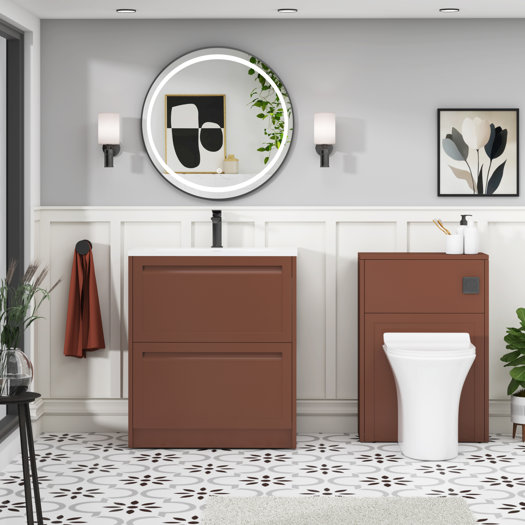 Elmore Terracotta Clay Traditional 2 Drawer Floor Standing Vanity Unit with Matt Stone Basin