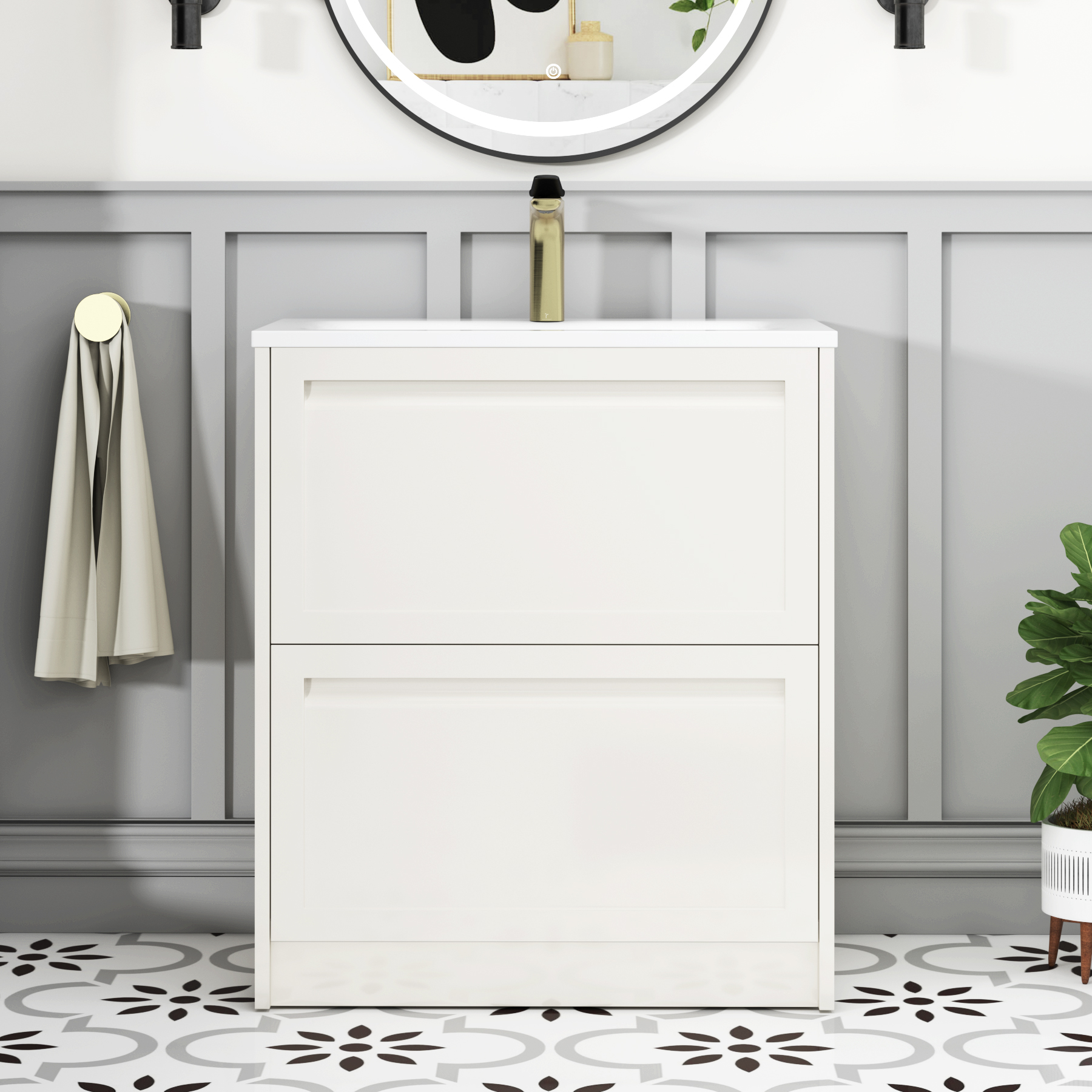 Elmore Classic White Traditional 2 Drawer Floor Standing Vanity Unit with Matt Stone Basin