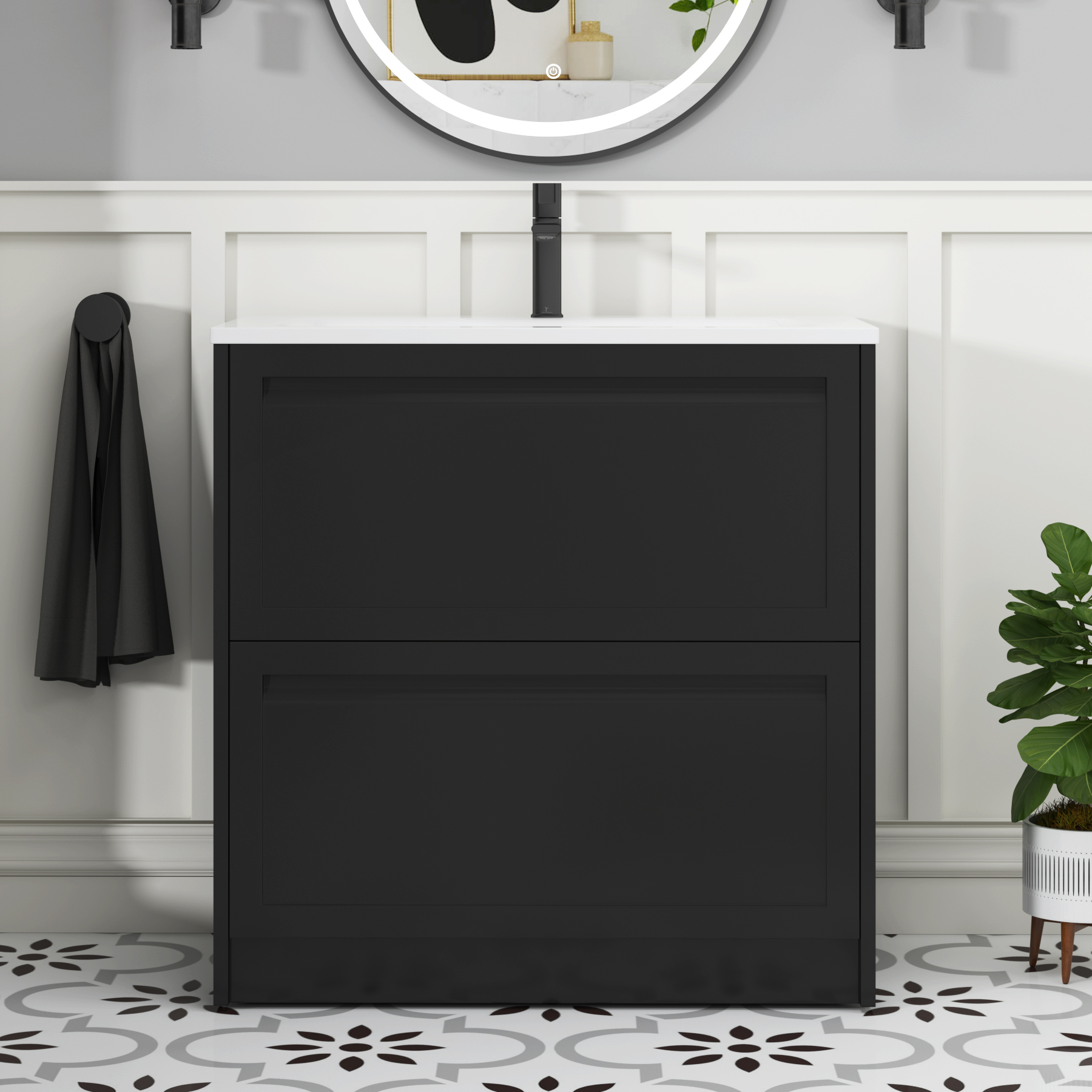 Elmore Matt Nocturne Black Traditional 2 Drawer Floor Standing Vanity Unit with Matt Stone Basin