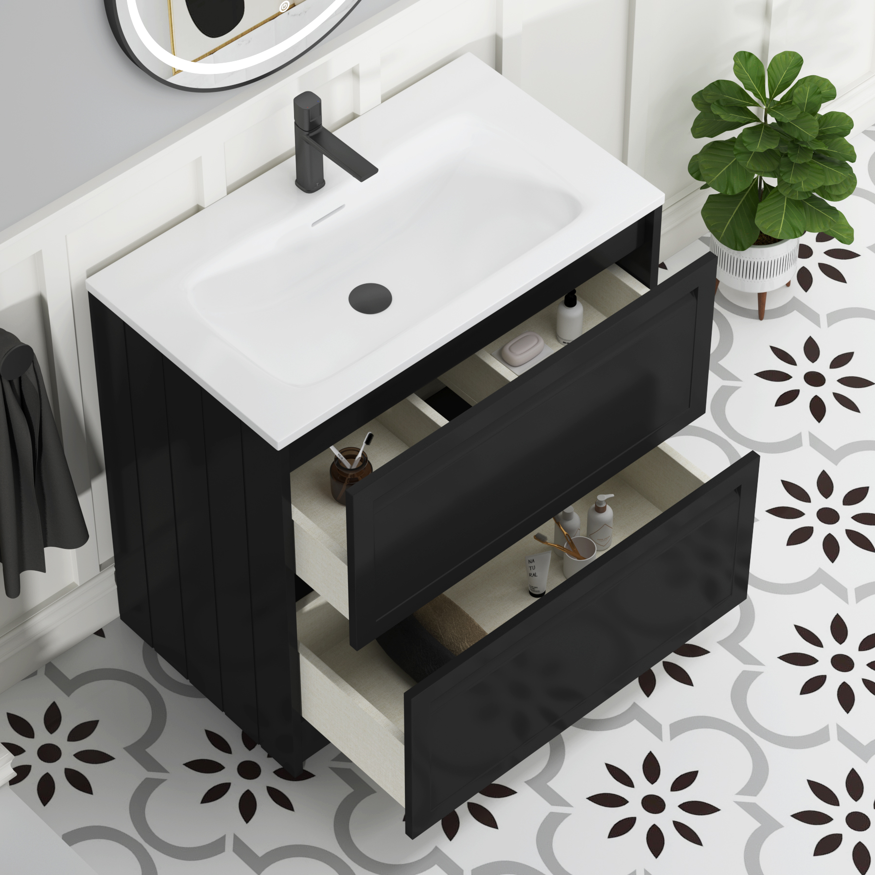 Elmore Matt Nocturne Black Traditional 2 Drawer Floor Standing Vanity Unit with Matt Stone Basin
